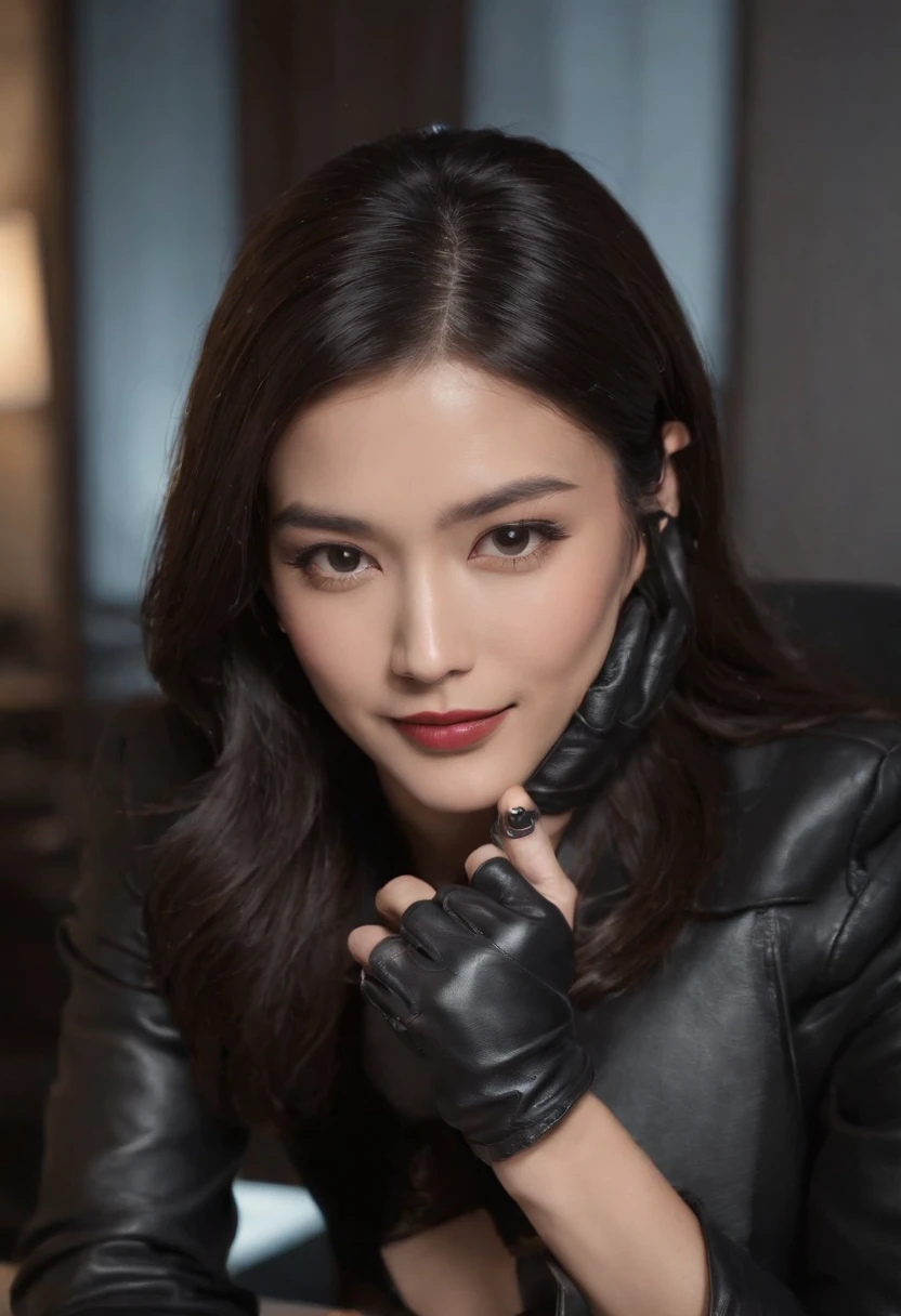 Wearing black leather gloves in both hands Upper body Black leather riders jacket Necklace on the chest Facing the desk in the modern study in the dark, looking down and smiling, long straight black hair Young Japanese woman (black leather gloves covering both hands) Sitting on a chair with the fingers of black leather gloves and working on the computer