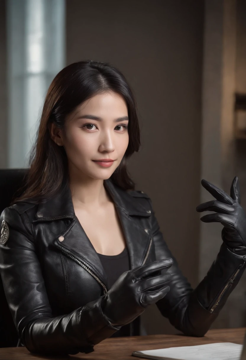 Wearing black leather gloves in both hands Upper body Black leather riders jacket Necklace on the chest Facing the desk in the modern study in the dark, looking down and smiling, long straight black hair Young Japanese woman (black leather gloves covering both hands) Sitting on a chair with the fingers of black leather gloves and working on the computer