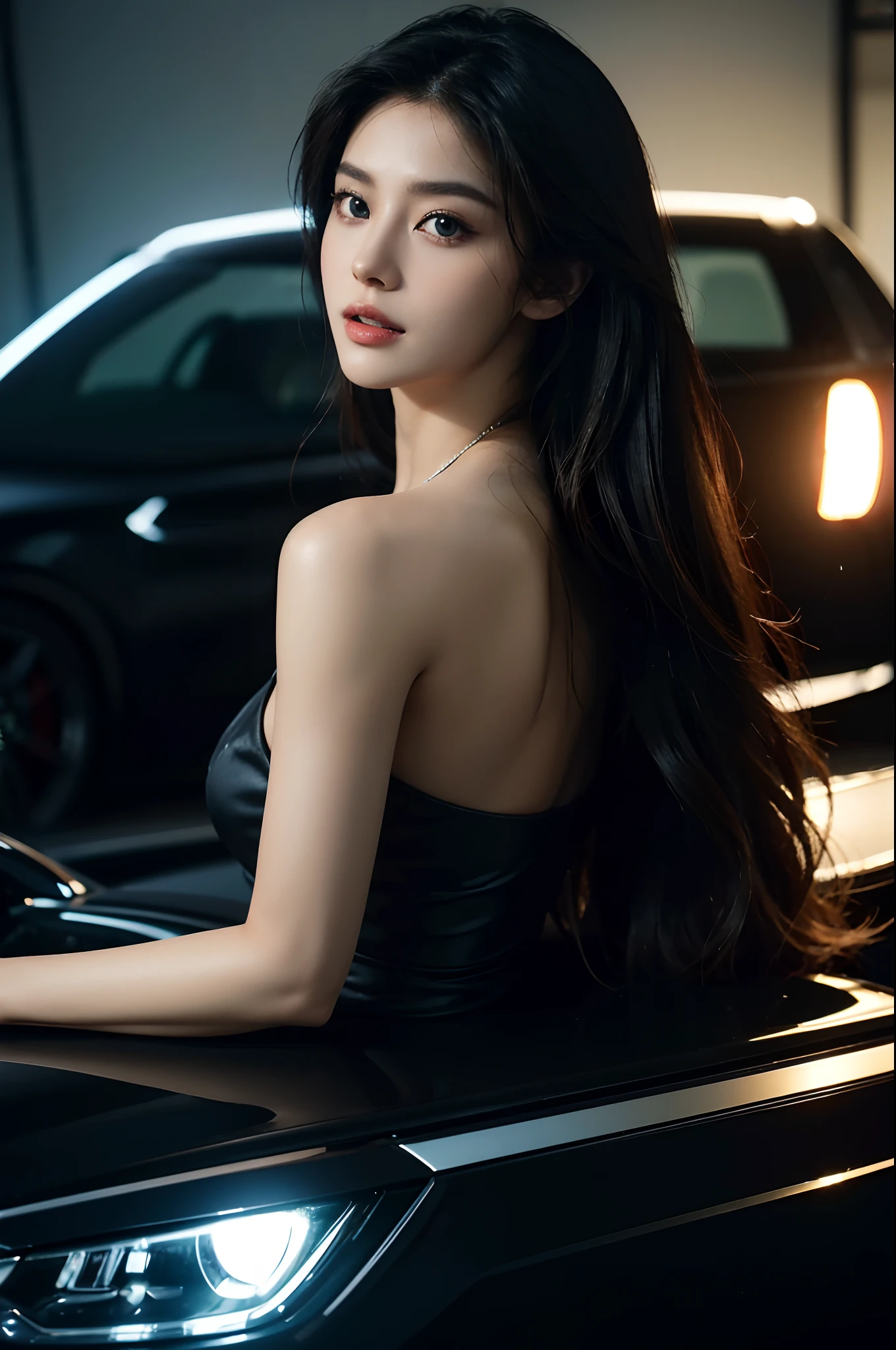 (Best quality,4K,8K,A high resolution,Masterpiece:1.2),Ultra-detailed,(Realistic,Photorealistic,photo-realistic:1.37),Car model,korean beautifull girl,mesmerizing looks,stunning features,Perfectly styled hair,Beautiful eyes with long eyelashes,Full and luscious lips,Flawless complexion,slim and toned body,Wear stylish and elegant dresses,Show yourself confidently in front of a luxury sports car,The brilliant lights highlight her beauty,Bright colors enhance the overall image,Studio setup with professional photography techniques,Showcasing the perfect combination of beauty and automotive craftsmanship.