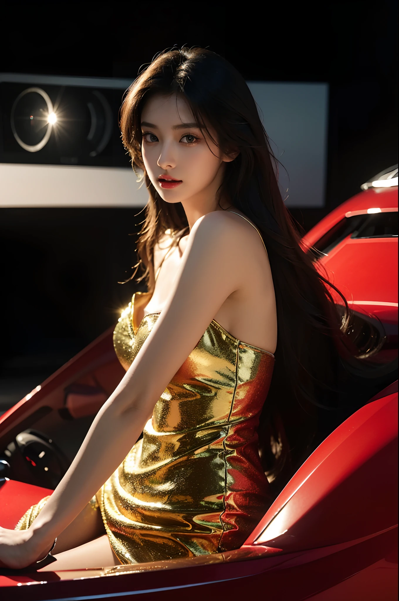 (Best quality,4K,8K,A high resolution,Masterpiece:1.2),Ultra-detailed,(Realistic,Photorealistic,photo-realistic:1.37),Car model,korean beautifull girl,mesmerizing looks,stunning features,Perfectly styled hair,Beautiful eyes with long eyelashes,Full and luscious lips,Flawless complexion,slim and toned body,Wear stylish and elegant dresses,Show yourself confidently in front of a luxury sports car,The brilliant lights highlight her beauty,Bright colors enhance the overall image,Studio setup with professional photography techniques,Showcasing the perfect combination of beauty and automotive craftsmanship.