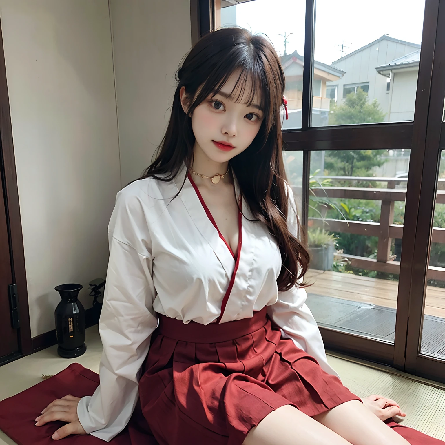 Woman in red skirt and white shirt is taking pictures, japanese girl school uniform, hakama kimono, Japan school uniform, Collar white and red, A Japanese style, Red kimono, Japanese style, traditional japanese, Wearing Hakama, japanese kimono,The background is indoors,The background is indoor,No bra,feet visible ,You can see the valley ,cleavage of the breast ,Furisode ,Red dotted line at the edge of the sleeve ,
