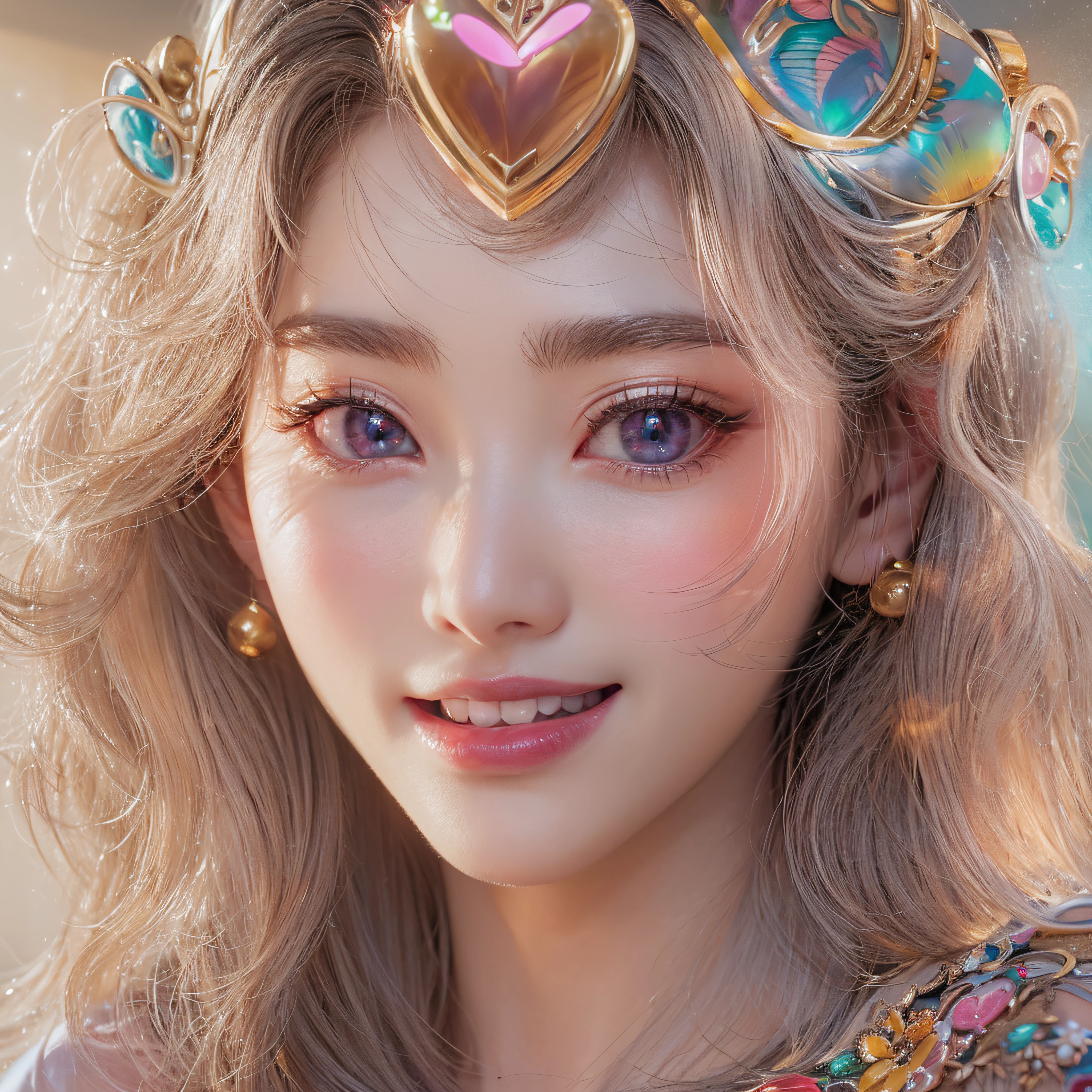 close-up of the smile face、Close-up of laughing face、Designer、super model、makeup、Glossy lips、Shining eyes、(realisitic、hight resolution)、(1 girl in)、Do-Up Eye、Korean Girl、(Best Quality), (masutepiece), (1girl in), Solo, a beauty girl, Perfect face, dreamlikeart、Highly detailed airbrush art((Surreal))、Volumetric lighting、(top-quality)、The ultra-detailliert、Highly detailed colorful details、(Bright lighting)、dynamic compositions、Ray traching、The mirror reflects light、Shallow depth of field、ultra-detailliert、mixing exposure、nffsw、Her eyes are glowing pink、Pink glowing 3D heart on background、Pink glowing heart on background