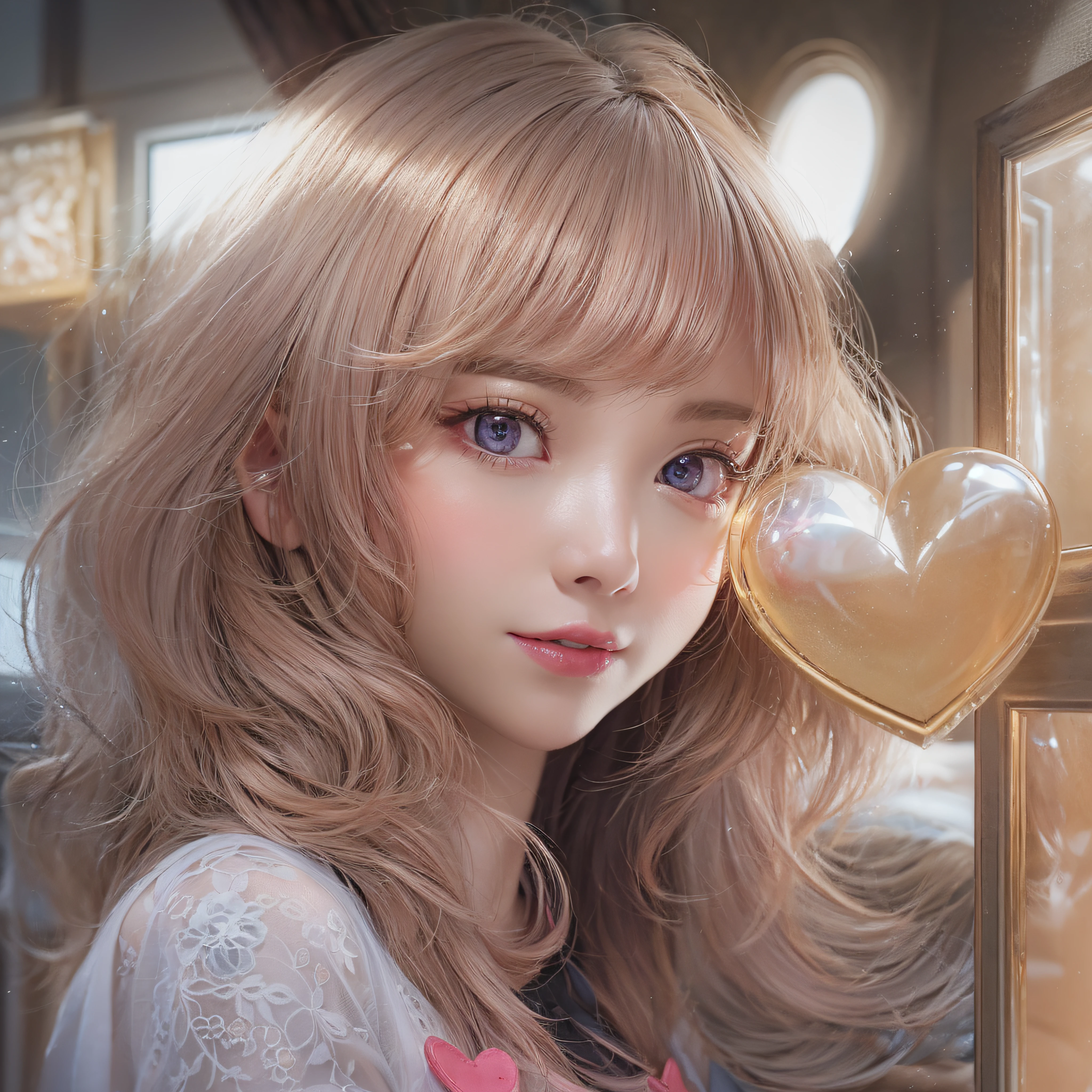 close-up of the smile face、Close-up of laughing face、Designer、super model、makeup、Glossy lips、Shining eyes、(realisitic、hight resolution)、(1 girl in)、Do-Up Eye、Korean Girl、(Best Quality), (masutepiece), (1girl in), Solo, a beauty girl, Perfect face, dreamlikeart、Highly detailed airbrush art((Surreal))、Volumetric lighting、(top-quality)、The ultra-detailliert、Highly detailed colorful details、(Bright lighting)、dynamic compositions、Ray traching、The mirror reflects light、Shallow depth of field、ultra-detailliert、mixing exposure、nffsw、Her eyes are glowing pink、Pink glowing 3D heart on background、Pink glowing heart on background