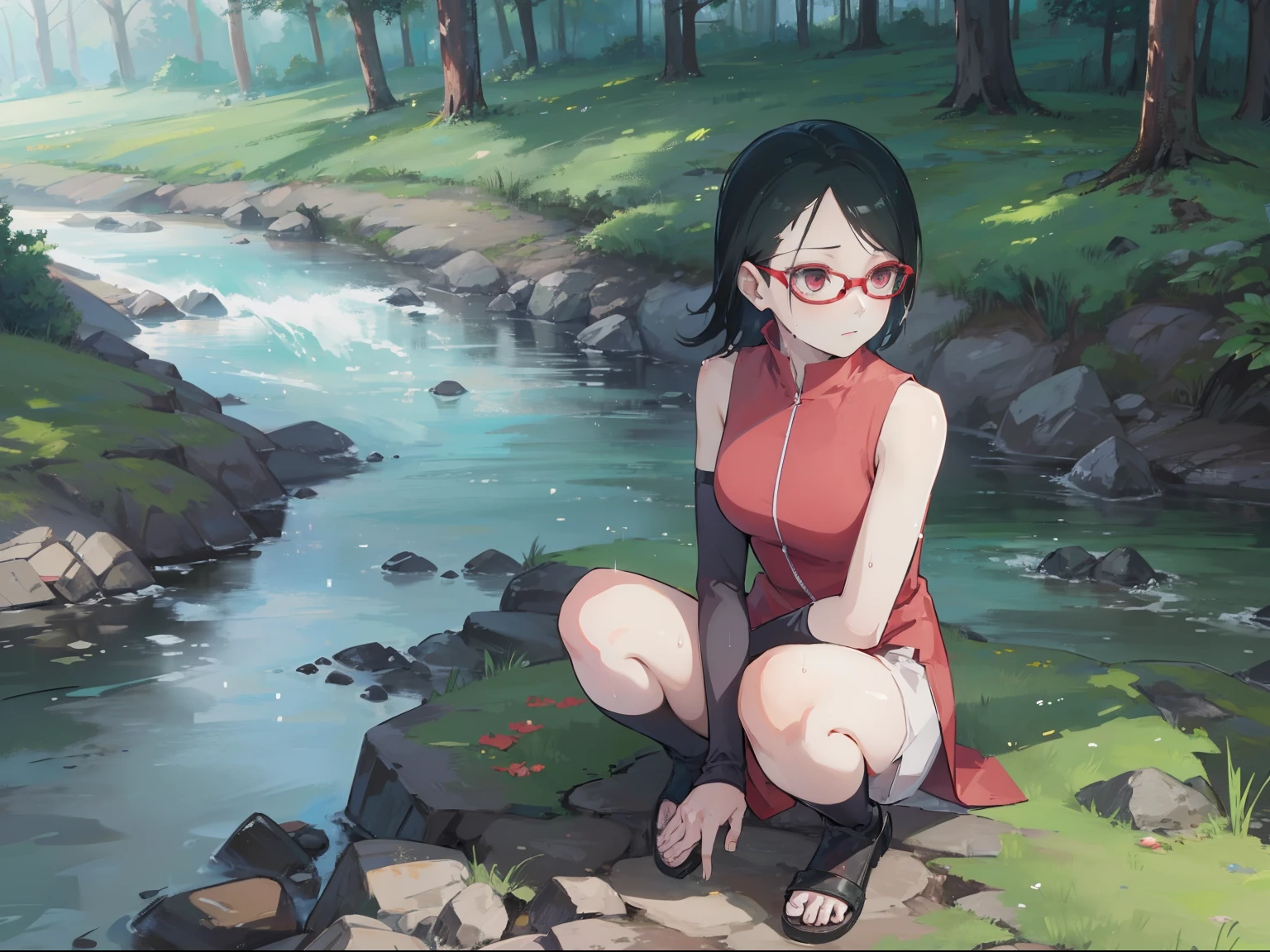 Sarada uchiha, glasses, sleeveless dress,no pants , crouching position, ((forest, river, wet pussy )), ((4k resolution, good quality, good anatomy))