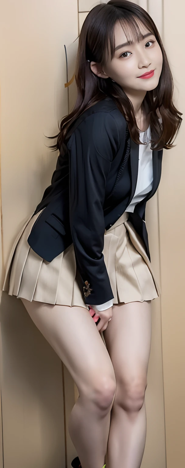 (8KRaw photography、top-quality、masuter piece:1.2)、ultra-detailliert、ultra res、(realisitic、rialistic photo:1.37)、portlate、high-definition RAW color photography、Professional Photography、highly detailed and beautiful、ighly detailed、8KImage wallpaper、amazing detailed、huge filesize、Official art、Highly detailed CG Unity 8KWallpapers of、highly detailed beautiful girl、extra detailed face、extremely detailed eye、highlydetailed skin、extremely detailed fingers、highly detailed nose、very detailed detailed mouth、Perfect Anatomy、细致背景、女の子1人、(20:1.2)、10 generations、Cute little girl s、Realistic body、de pele branca、glistning skin、Handsome body、A dark-haired、kawaii、kawaii faces、Lifelike face、Delicate eyes、Sauce order、Looking at the camera、front facing、Photograph up to the knee、hands on one's face、(Highly detailed white skin)、(Tecateca、is standing、embarassed face、Excited face、(Knees are visible:1.3)、Wear a blazer、Pleated Ultra Mini Skirt、((Knee visible photo:1.77))、((is standing:1.4))