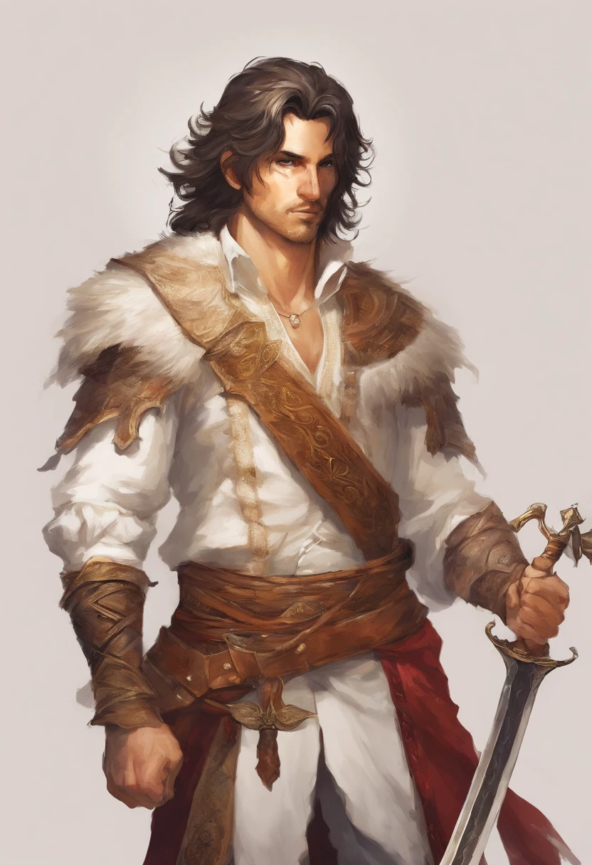Garoto de cabelo loiro curto,usando uma roupa branca com um sobretudo branco em suas costas,olhos dourados,corpo mediano, holding a slightly large sword in his right hand