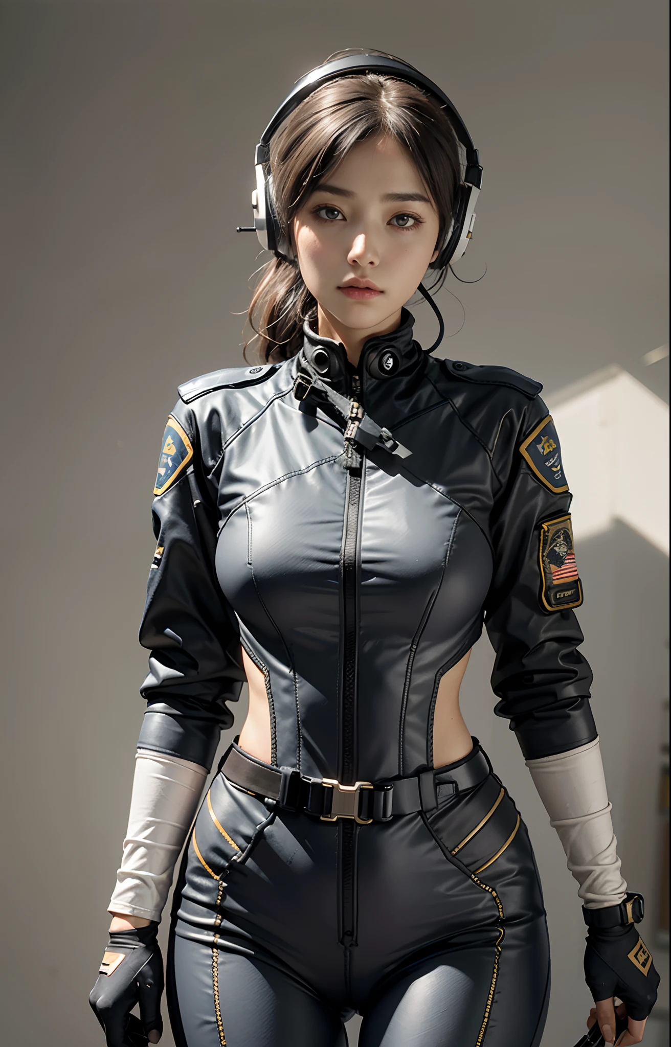 a 25 year old indian woman in a black outfit holding a rifle and wearing headphones, face like tamanna Bhatia, soldier girl, mechanized soldier girl, military girl, beautiful female soldier, female lead character, infantry girl, of a sniper girl in war, solo female character, future combat gear, close up half body shot, large breasts and ass, quiet from metal gear solid v, wearing tactical gear, dressed in tactical armor, highly detailed