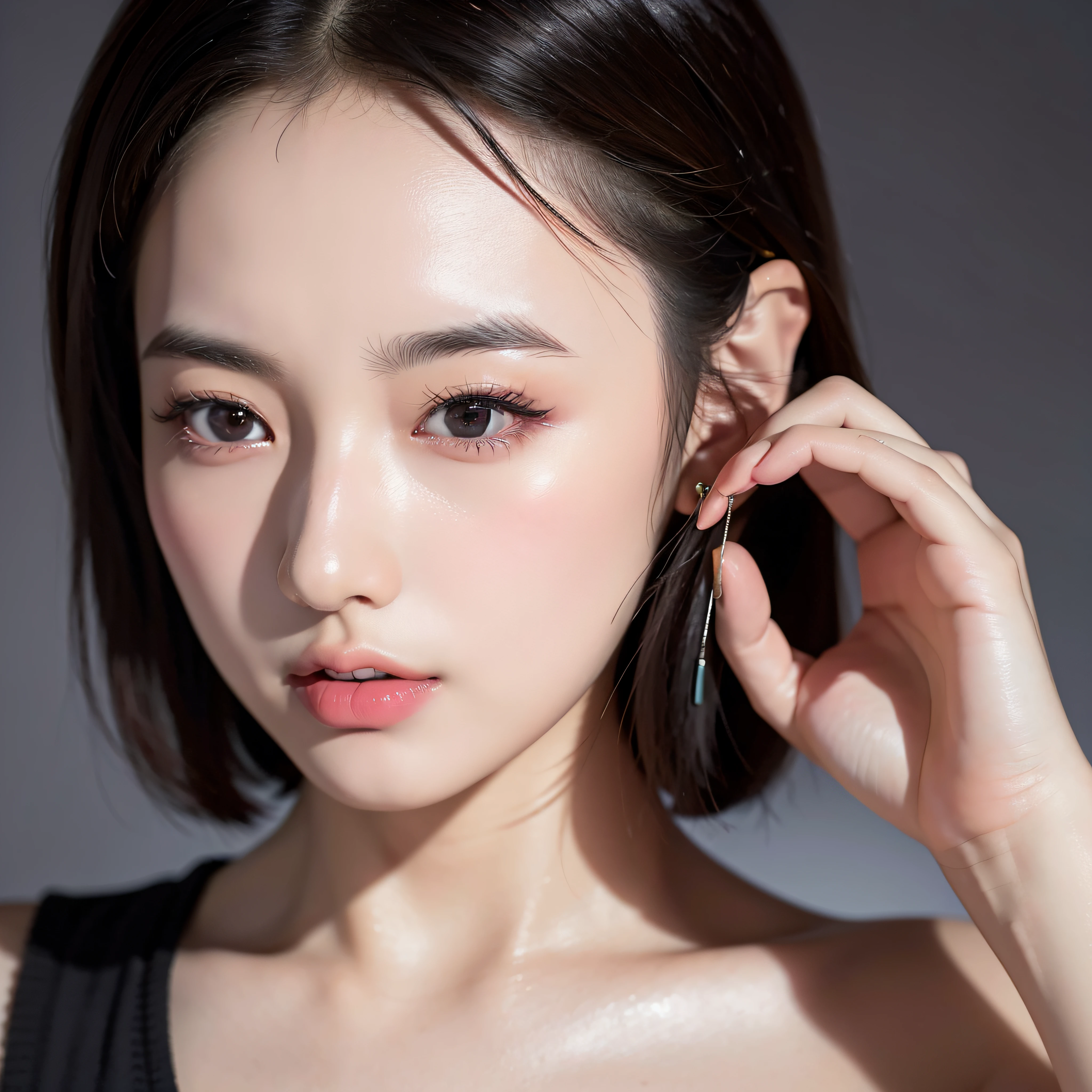 tmasterpiece、top-quality、超A high resolution、high detail portrait、(photographrealistic:1.4)、1girl in、White skin of the、Squatted、wide open thighs,from below、looki at viewer、young 、spotless、Cute Baby Turtle、pretty black hair、Bob_cut、long whitr hair、Big breasts,((fullnude)),(dripping wet body),(portrait of japanese famous actress)、(A smile、blissful、joy、jolly、Keep one's mouth shut)、(Hold your breasts between your arms,Pull the breasts closer)、Great detailed eyes、((really snow-white background、nothing background))、((Long neck、By bangs、By bangs、Clean face、gaze staring at the camera、eyeslashes、largeeyes、Distinct double eyelids、glowy skin、clean skin quality、Gloss on lips)),(((middlebreast)))