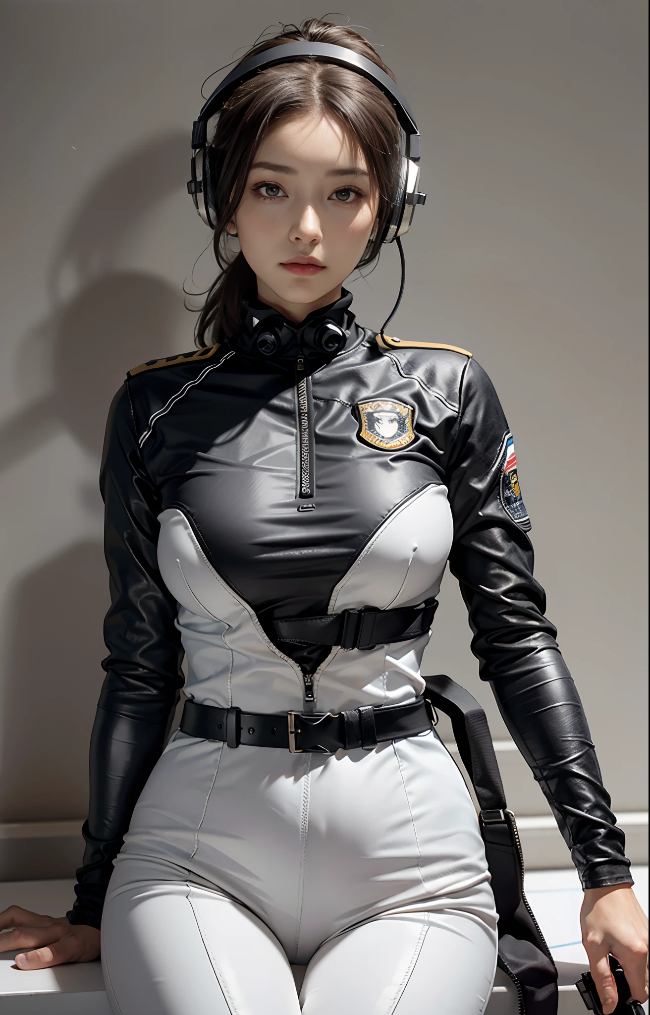Highest image quality, Outstanding details, Ultra-high resolution, (Realism: 1.4), ((Close up:0.75)), The best illustration, favor details, Highly concentrated for 1 woman, beatiful and delicate face, perfectly proportions, (Slim:0.3, Large of breast), (Wear a racing suit，Love police uniforms, Black and gray mech, Wear high-tech headphones, Military seat belts, Holding a rifle), captain, Simple gray wall in background,