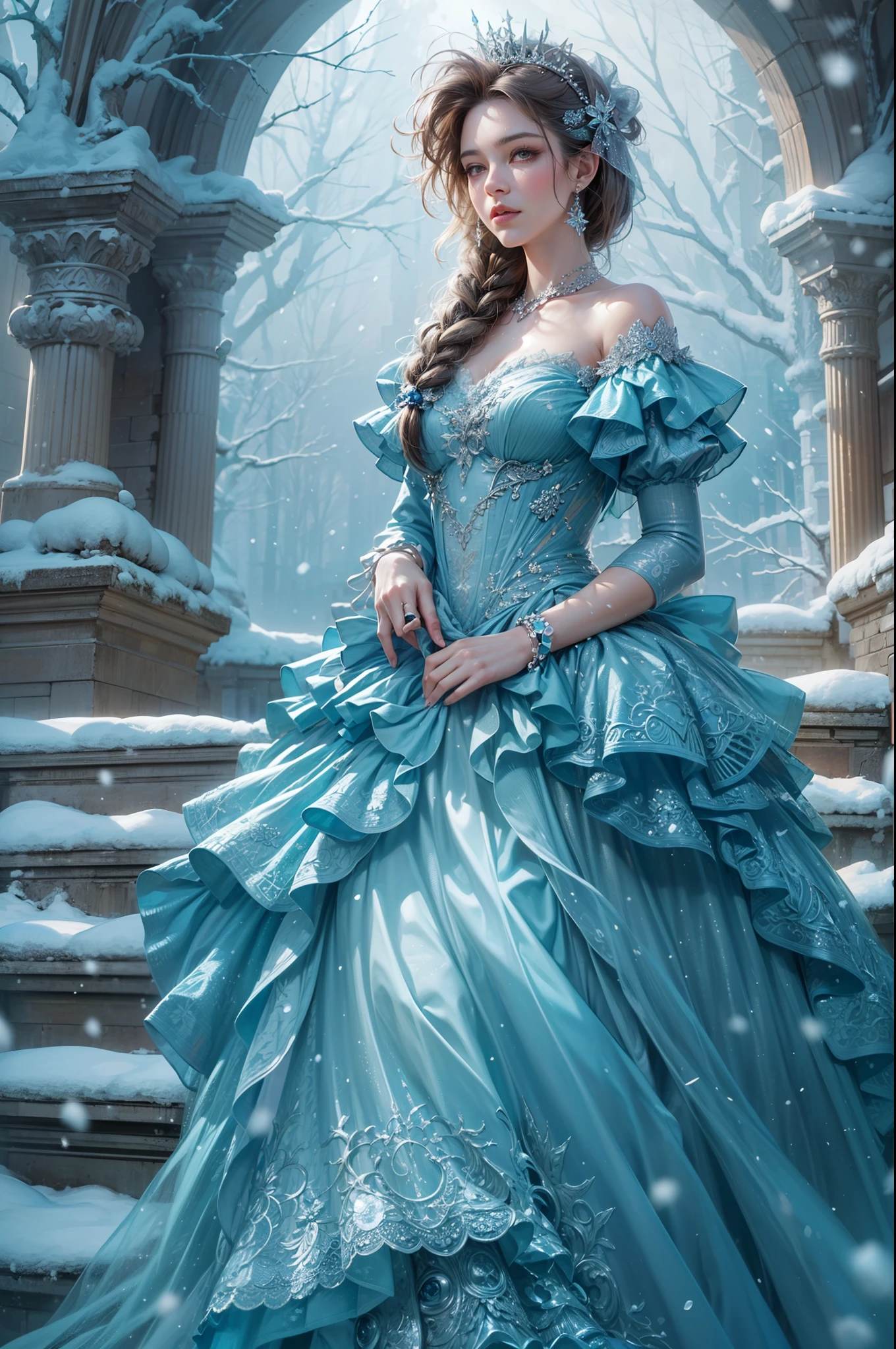 a proud woman, detailed face,puffy lip, realistic skin texture, dressed in the folds of a dazzling (French silk ball gown,ruffles, tracks, and bows, Hand-embroidered bodice. ), realistic, (((fantasy))), Artwork, frozen rose garden, enchanted ice castle, winter, (many shades of cool blue colors), (snowing:1.3), Art of Artgerm and Ruan Jia , HDR, , and interesting background