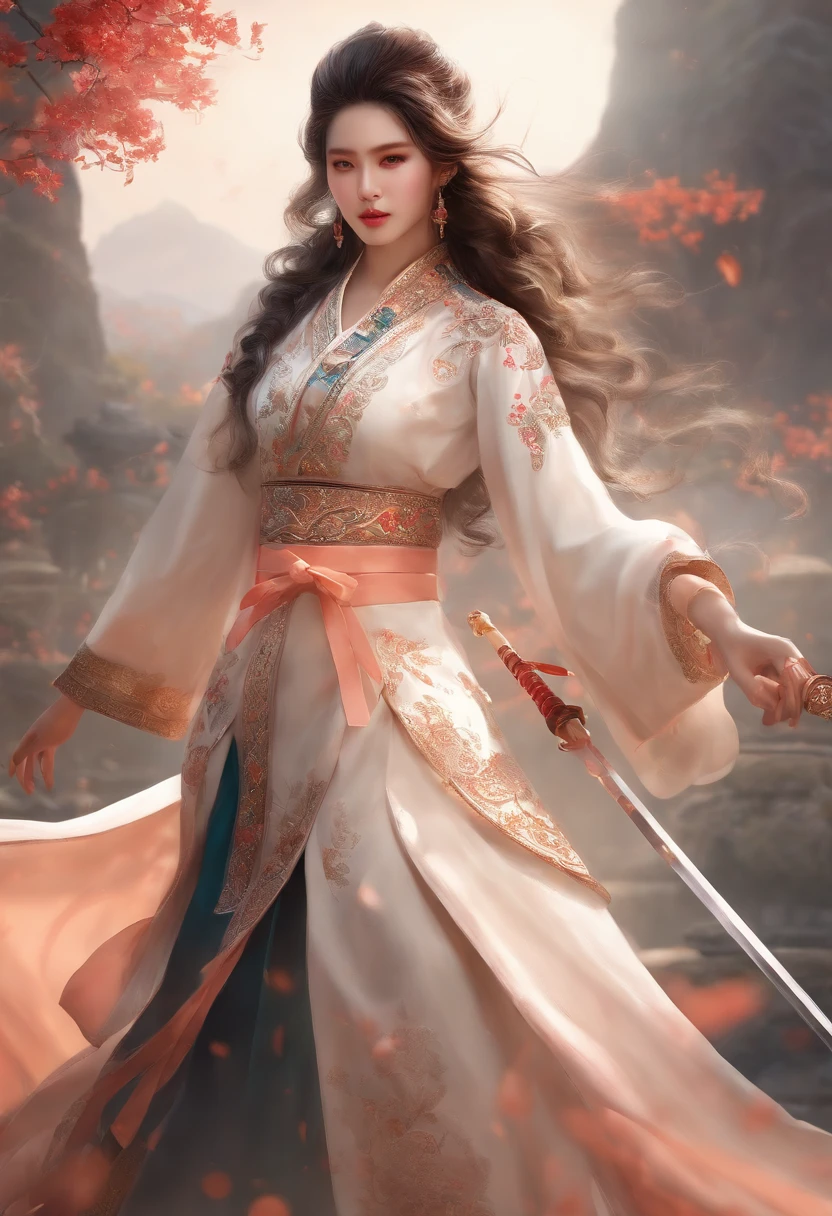 bestquality, masterpiece, highres,3 girl,Exquisite Face,Full body,chinese clothes,White dice coat,His right hand holds a sword. (Beautifully embellished),peach,