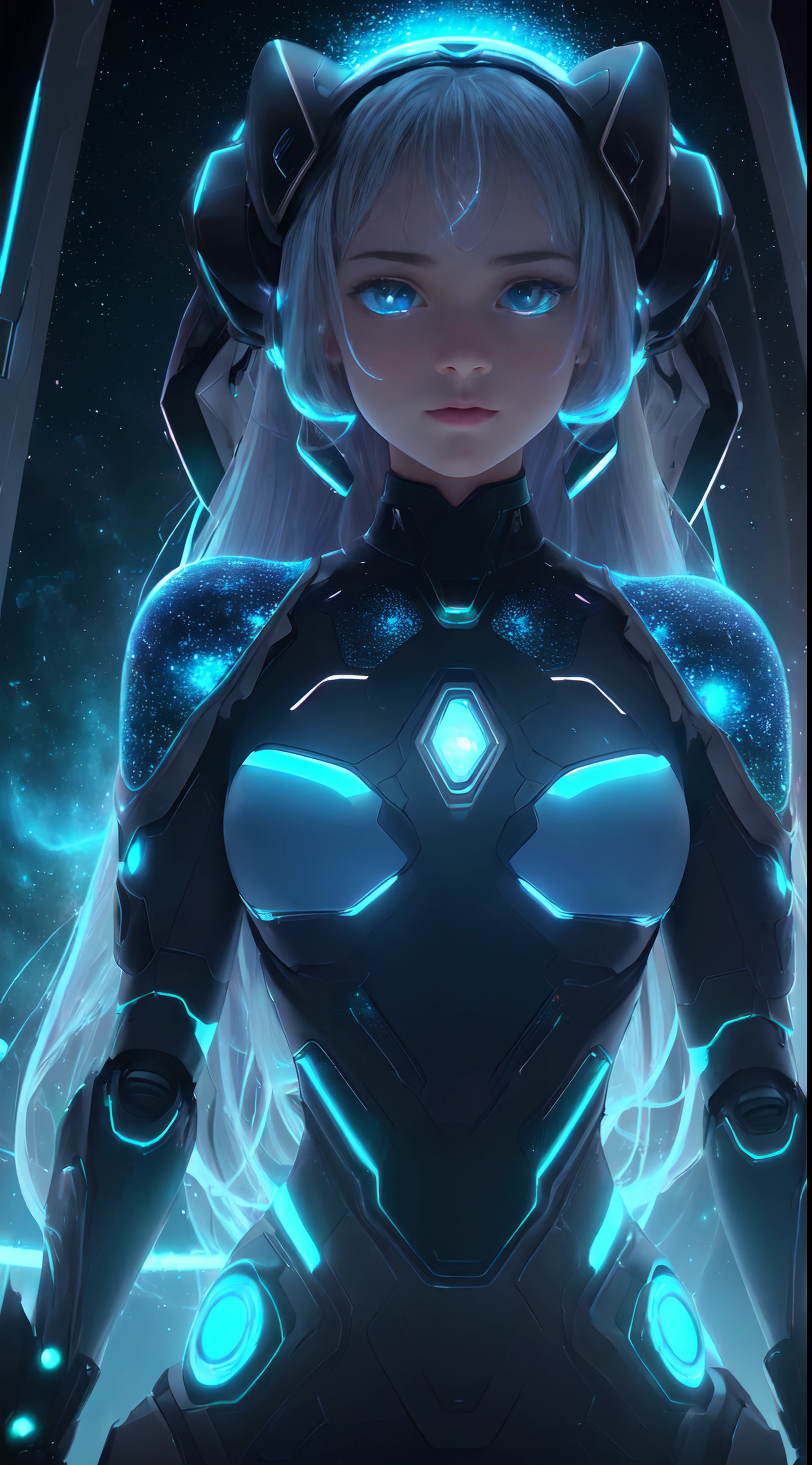 motor irreal:1.4,UHD,La mejor calidad:1.4, fotorrealista:1.4, textura de la piel:1.4, obra maestra:1.8,((Beautiful robot woman Vividly colored digital image of a symmetrical young and ethereally beautiful face with icy blue long hair and eyes reflecting the galaxy., With an elegant futuristic dress that shines with holographic light reflections, De pie frente a un elegante, Glowing portal emitting fog and glowing particles, It's inside a high-tech lab full of screens and shiny equipment...., Rendered in a stunning sci-fi anime art style with cinematic lighting, intricate linework, and a beautiful structure of atmospheric glow effects )),(manos Detailed:1.4),