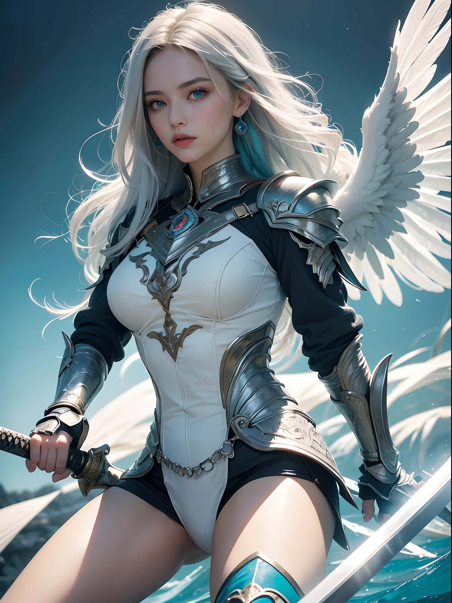 Unbeatable masterpiece, Ultra photo realsisim, Perfect artwork, Intricate details, Best quality, Strong light , High contrast, Dynamic pose, Dutch angle , ((Depth of field)) , (hailoknight , Solo , 1 girl wearing white armor , beautifulturquoise eyes , long white hair , turquoise wings , holding giantturquoise energy sword infront of her , holding sword:1.3) ,(simple glowing background:1.25) , masterpiece , best quality ,wide-angle , Hyperdetailed , natural lighting , soft lighting , sunlight , MaximumClarity And Sharpness , Multi-Layered Textures , hailoknight ,holding sword , holding weapon ,
