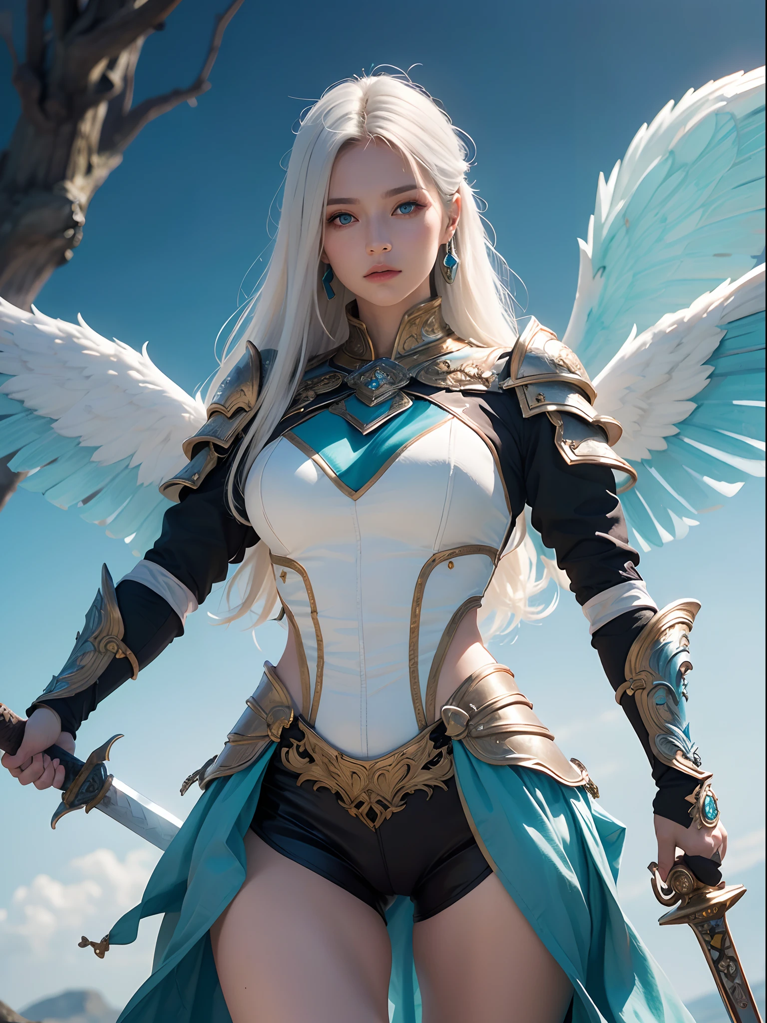 A woman with white hair and blue wings holding a sword - SeaArt AI