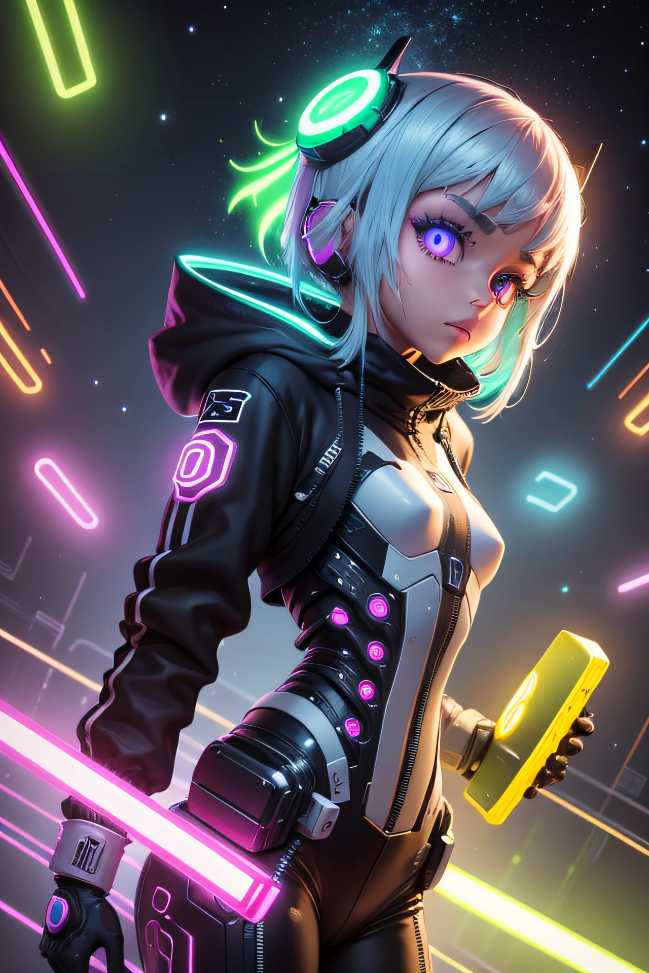 robo moderno olhos neon azuis andando no universo dos jogos habbo