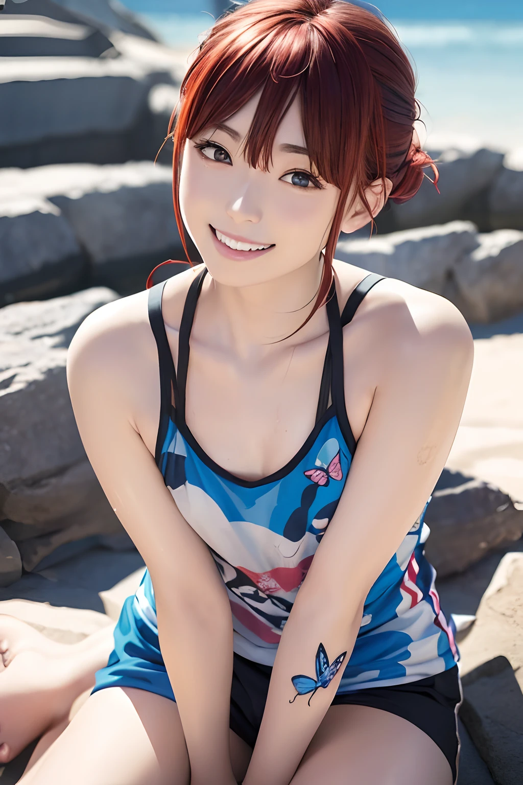 FULL BODYSHOT、an oil painting、masterpiece、top-quality、hight resolution、Red hair、Cheerful woman、A smile、Camouflage pattern tank top、Black hot pants、Sweaty skin、shores、The seaside looks fun、blue-sky、lightly dressed、bobhair、Butterfly tattoo on right chest、Medium hair、Bob Hair、Hair up to the shoulders、A small butterfly tattoo is drawn on the right chest、Kuroko around the eyes