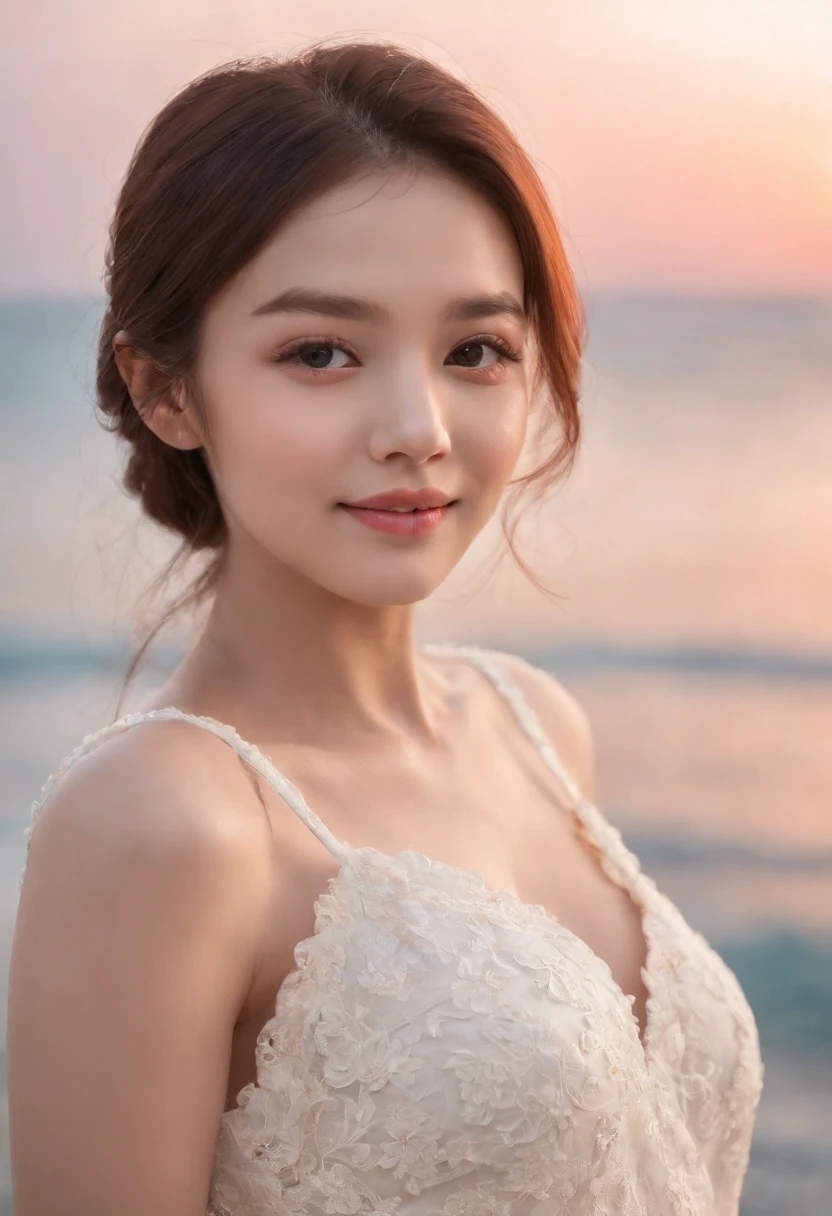 only one girl、((perfect bodies)))、(tmasterpiece)、((top-quality))、(ultra - detailed)、((Extremely Delicately Beautiful))、(((very shallow depth of field)))、NFFSW，(((unbelievable Ridiculous)))、((perfect bodies)))、(((brunette color hair)))、(((short detailed hair)))、(Okabo Hair)、(((Looking at the camera)))、(((small tits)))、(((The best smile that makes you happy)))、String Camisole Dress、Mare+Background with、dynamic ungle、female focus on、{Particles of Light}、Meticulous background、((Paul Hedley)))、Soft lighting、(Dramatic sunset)、Evening glow、Very beautiful sunsets、Live action、hentail realism、Angle from Above、cute smiling face、(The background is blurred)、12year old、being thin、((ventania))、(((sport)))、(((Emotional)))、((extremely colorful))、((a baby face))、((Beautiful teeth)) 、F Lal、Background of the sea