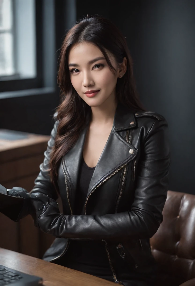 Wearing black leather gloves in both hands Upper body Black leather riders jacket Necklace on the chest Facing the desk in the modern study in the dark, looking down and smiling, long straight black hair Young Japanese woman (black leather gloves covering both hands) Sitting on a chair with the fingers of black leather gloves and working on the computer