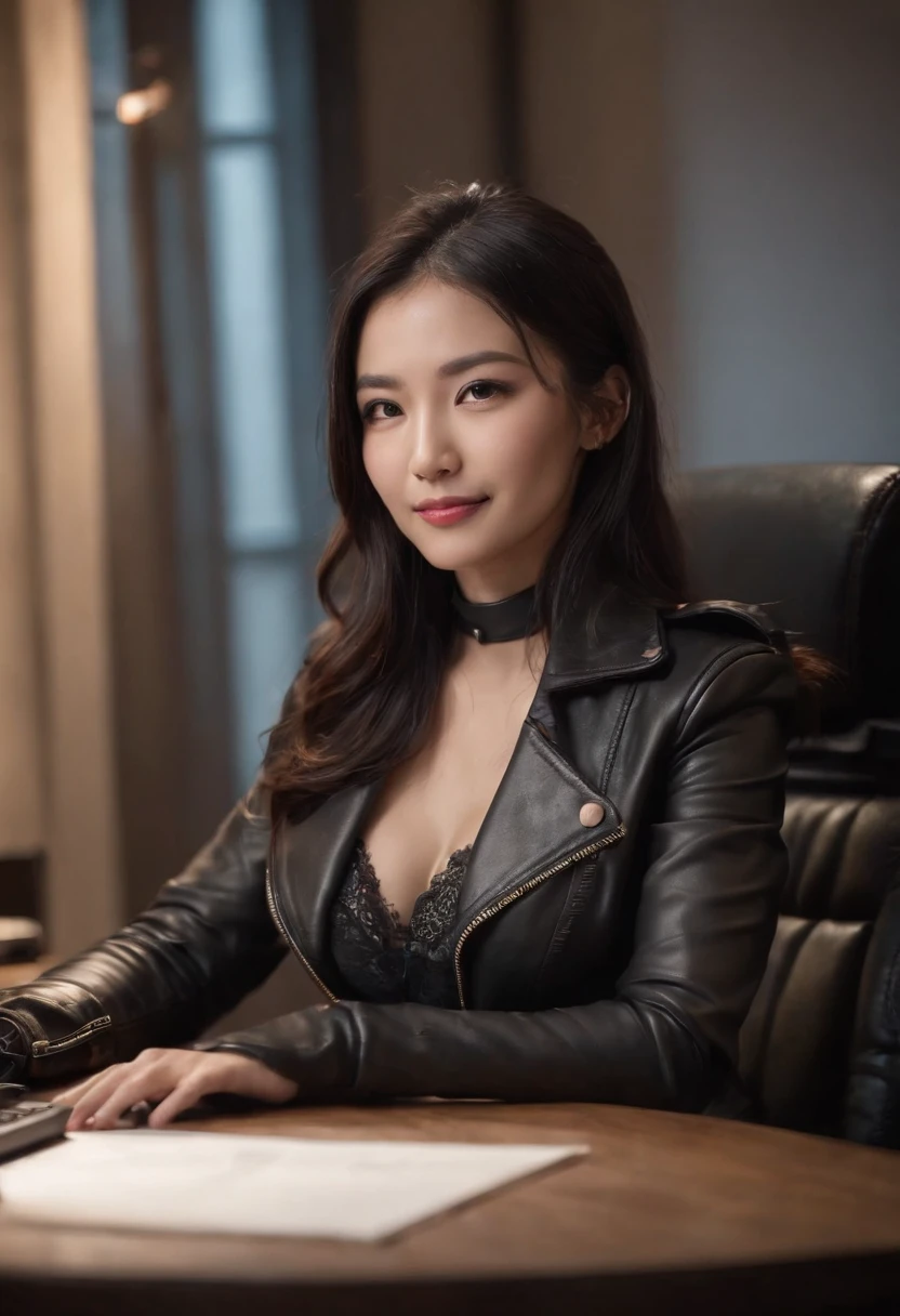 Wearing black leather gloves in both hands Upper body Black leather riders jacket Necklace on the chest Facing the desk in the modern study in the dark, looking down and smiling, long straight black hair Young Japanese woman (black leather gloves covering both hands) Sitting on a chair with the fingers of black leather gloves and working on the computer