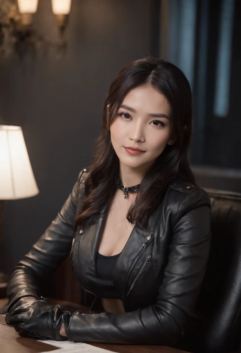 Wearing black leather gloves in both hands Upper body Black leather riders jacket Necklace on the chest Facing the desk in the modern study in the dark, looking down and smiling, long straight black hair Young Japanese woman (black leather gloves covering both hands) Sitting on a chair with the fingers of black leather gloves and working on the computer