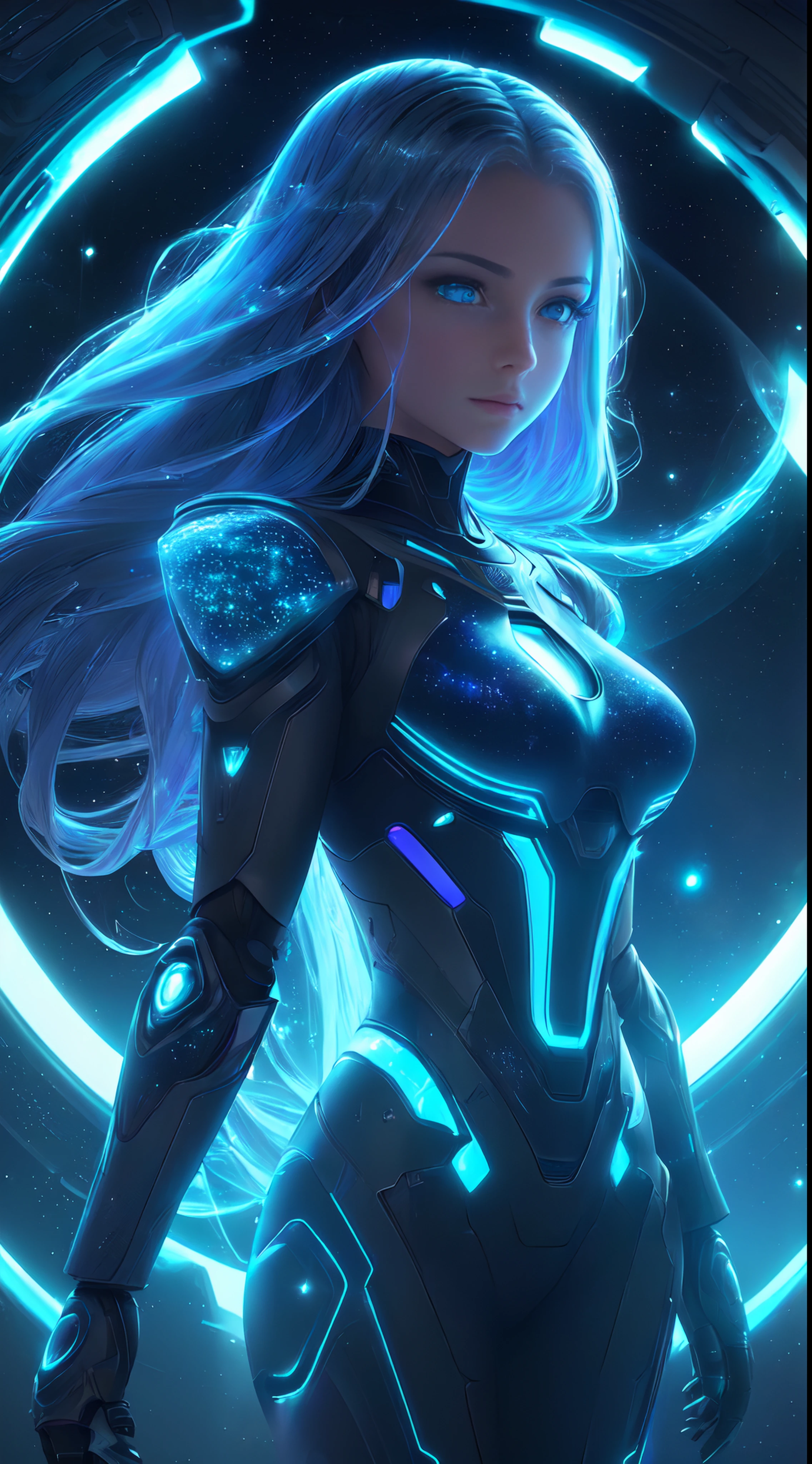 motor irreal:1.4,UHD,La mejor calidad:1.4, fotorrealista:1.4, textura de la piel:1.4, obra maestra:1.8,((Beautiful robot woman Vividly colored digital image of a symmetrical young and ethereally beautiful face with icy blue long hair and eyes reflecting the galaxy., With an elegant futuristic dress that shines with holographic light reflections, De pie frente a un elegante, Glowing portal emitting fog and glowing particles, It's inside a high-tech lab full of screens and shiny equipment...., Rendered in a stunning sci-fi anime art style with cinematic lighting, intricate linework, and a beautiful structure of atmospheric glow effects )),(manos Detailed:1.4),