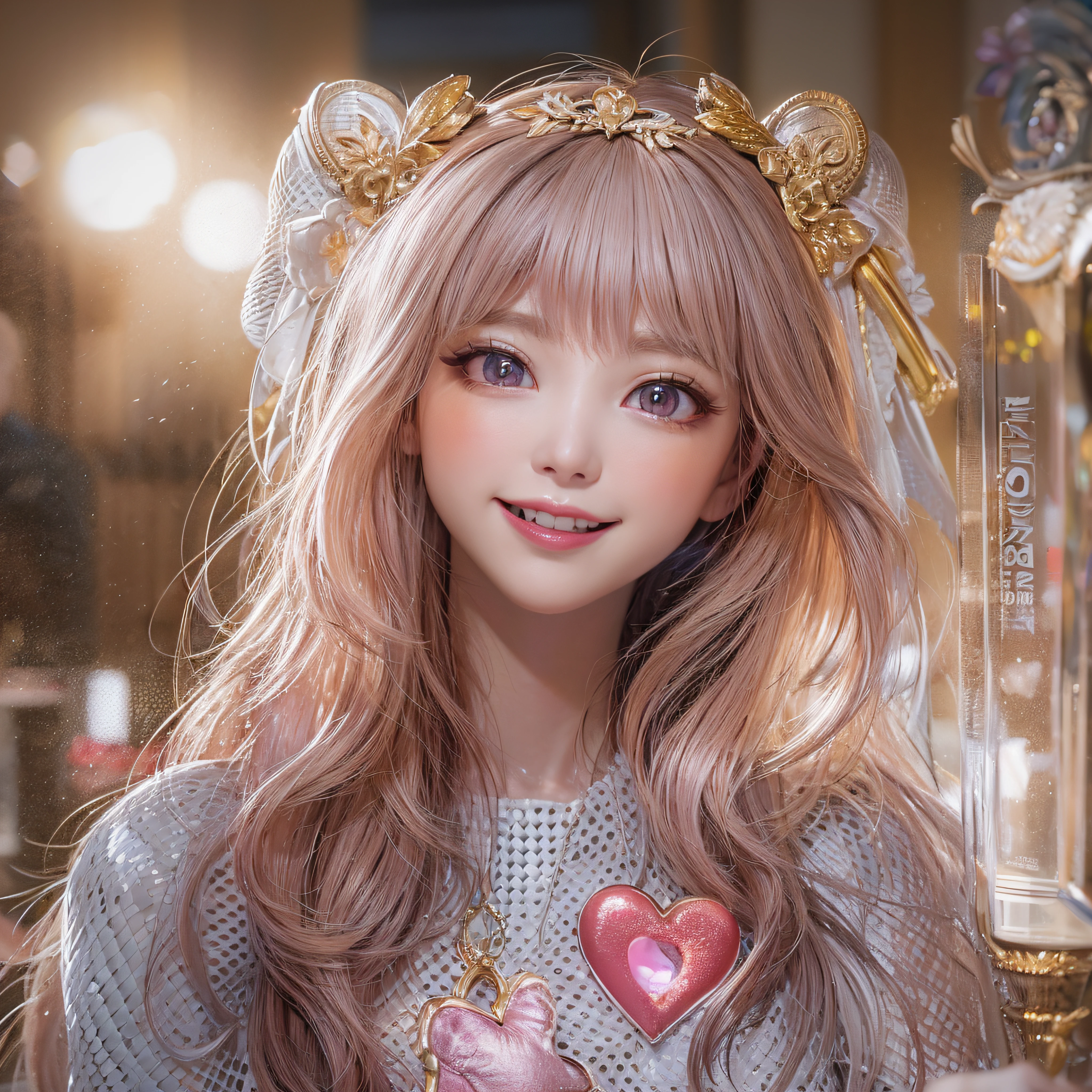 close-up of the smile face、Close-up of laughing face、Designer、super model、makeup、Glossy lips、Shining eyes、(realisitic、hight resolution)、(1 girl in)、Do-Up Eye、Korean Girl、(Best Quality), (masutepiece), (1girl in), Solo, a beauty girl, Perfect face, dreamlikeart、Highly detailed airbrush art((Surreal))、Volumetric lighting、(top-quality)、The ultra-detailliert、Highly detailed colorful details、(Bright lighting)、dynamic compositions、Ray traching、The mirror reflects light、Shallow depth of field、ultra-detailliert、mixing  exposure、nffsw、Her eyes are glowing pink、Pink glowing 3D heart on background、Pink glowing heart on background