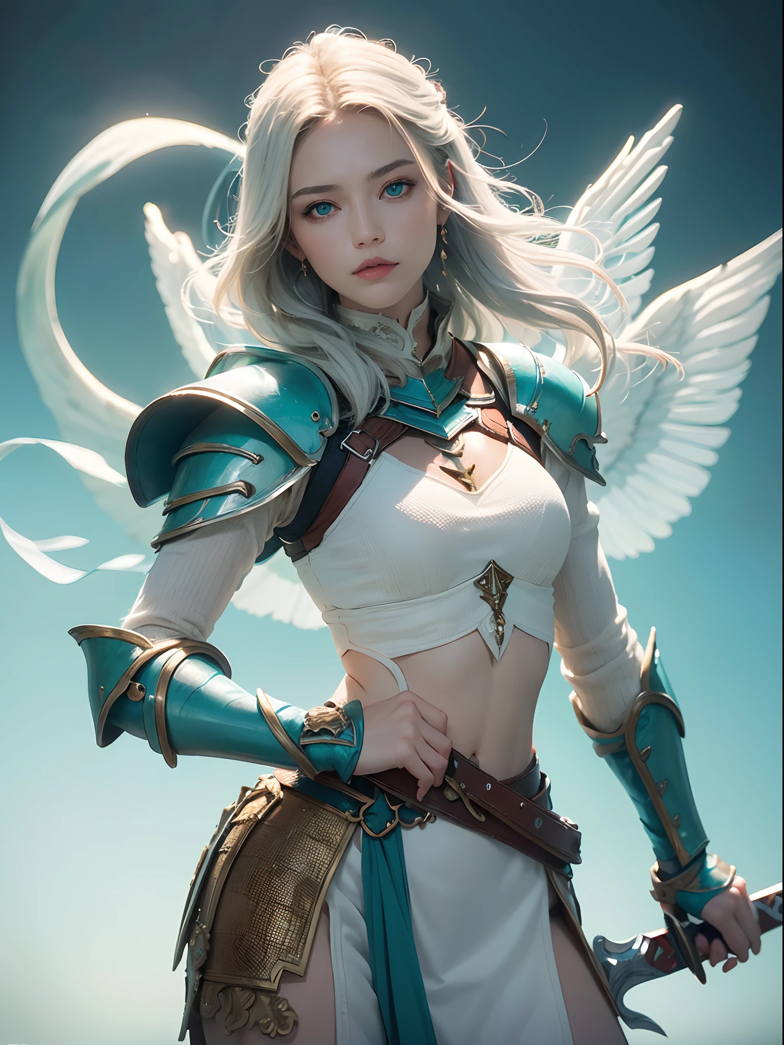 Unbeatable masterpiece, Ultra photo realsisim, Perfect artwork, Intricate details, Best quality, Strong light , High contrast, Dynamic pose, Dutch angle , ((Depth of field)) , (Hylock Knight , Solo , 1 girl in white armor , Beautiful turquoise eyes , Long white hair , Turquoise wings , Holding the giant green stone energy sword in front of her , holdingsword:1.3) ,(Simple glowing background:1.25) , Masterpiece , Best quality ,Wide-angle , ultra - detailed , Natural lighting , Soft lighting , Sunlight , Maximum clarity and sharpness , Multi-layered textures , Hylock Knight ,holdingsword , holding weapon ,