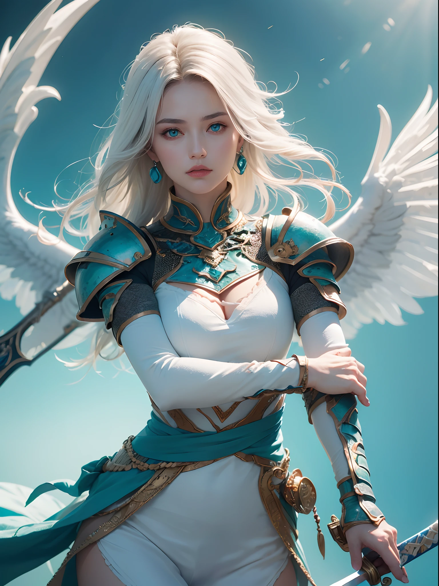 Unbeatable masterpiece, Ultra photo realsisim, Perfect artwork, Intricate details, Best quality, Strong light , High contrast, Dynamic pose, Dutch angle , ((Depth of field)) , (Hylock Knight , Solo , 1 girl in white armor , Beautiful turquoise eyes , Long white hair , Turquoise wings , Holding the giant green stone energy sword in front of her , holdingsword:1.3) ,(Simple glowing background:1.25) , Masterpiece , Best quality ,Wide-angle , ultra - detailed , Natural lighting , Soft lighting , Sunlight , Maximum clarity and sharpness , Multi-layered textures , Hylock Knight ,holdingsword , holding weapon ,