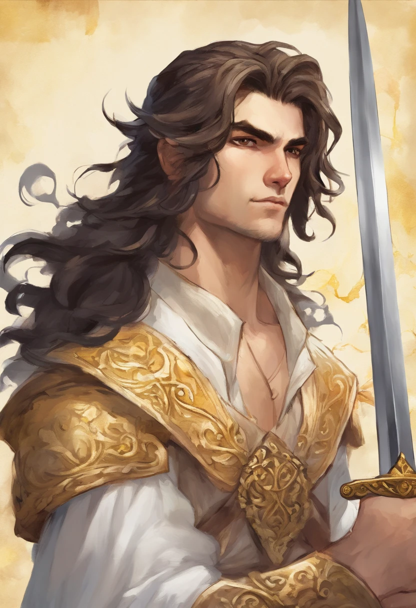 Garoto de 20 anos,cabelo loiro curto acima do ombro,usando uma roupa branca com um sobretudo branco em suas costas, holding a white sword in his hand mixed with yellow,olhos dourados