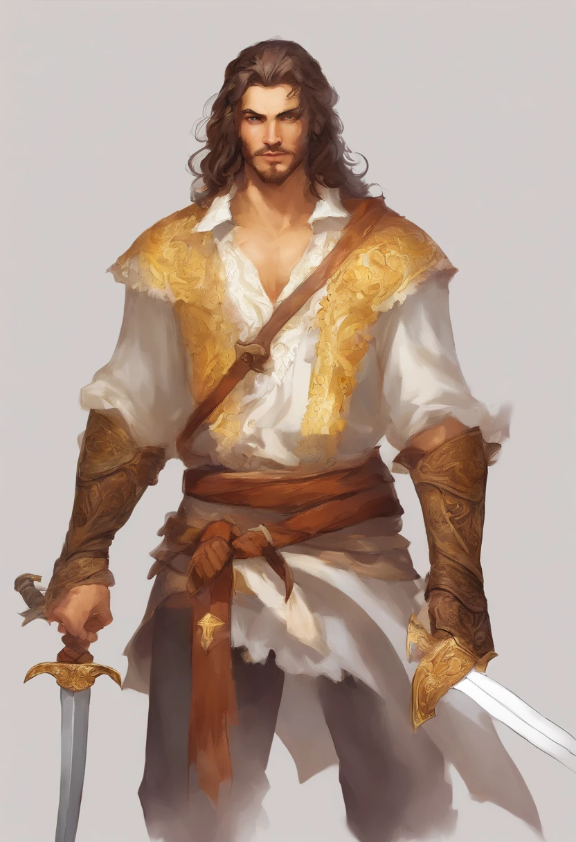 Garoto de 20 anos,cabelo loiro curto acima do ombro,usando uma roupa branca com um sobretudo branco em suas costas, holding a white sword in his hand mixed with yellow,olhos dourados