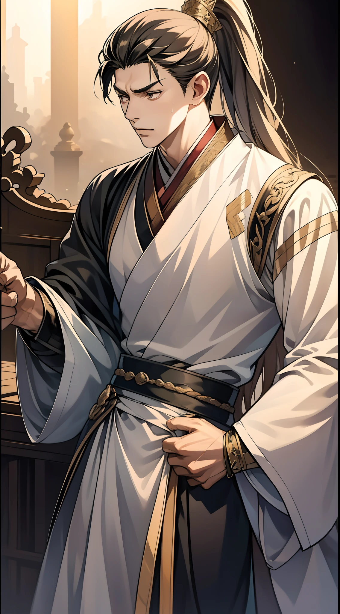 quadratic element，style of anime，mtu（Male Warrior），The proportions are correct，Face details，swordsmen，High ponytail hairstyle，Neck details，There is an Adam's apple，Black Hanfu，kaftan，Embroidered robes，Black robe，clothes details，Handing over，longer sleeves，Game quality，Swordsmanship，Light and shadow tracking，Ray traching，detailed glow，cg render，hair detail，cabelos preto e longos，Black eyes，Handsome，Handsome，（juvenile sense），Clothing is complicated，Perfectcomposition，Refinement，high qulity，higher details，Lots of details，The background is complex，a sense of atmosphere，