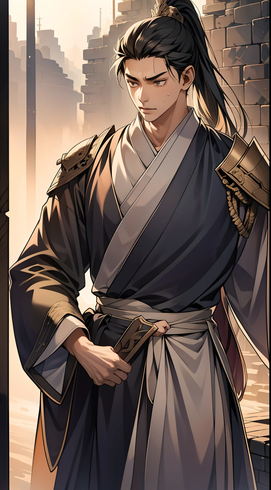 quadratic element,style of anime,mtu(Male Warrior),The proportions are correct,Face details,swordsmen,High ponytail hairstyle,Neck details,There is an Adam's apple,Black Hanfu,kaftan,Embroidered robes,Black robe,clothes details,Handing over,longer sleeves,Game quality,Swordsmanship,Light and shadow tracking,Ray traching,detailed glow,cg render,hair detail,cabelos preto e longos,Black eyes,Handsome,Handsome,(juvenile sense),Clothing is complicated,Perfectcomposition,Refinement,high qulity,higher details,Lots of details,The background is complex,a sense of atmosphere,