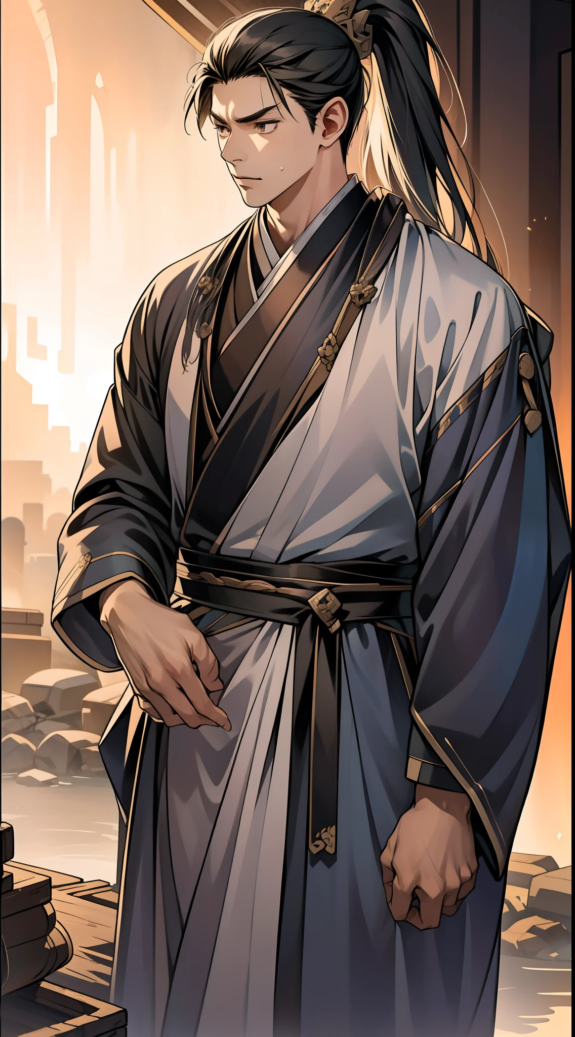 quadratic element,style of anime,mtu(Male Warrior),The proportions are correct,Face details,swordsmen,High ponytail hairstyle,Neck details,There is an Adam's apple,Black Hanfu,kaftan,Embroidered robes,Black robe,clothes details,Handing over,longer sleeves,Game quality,Swordsmanship,Light and shadow tracking,Ray traching,detailed glow,cg render,hair detail,cabelos preto e longos,Black eyes,Handsome,Handsome,(juvenile sense),Clothing is complicated,Perfectcomposition,Refinement,high qulity,higher details,Lots of details,The background is complex,a sense of atmosphere,