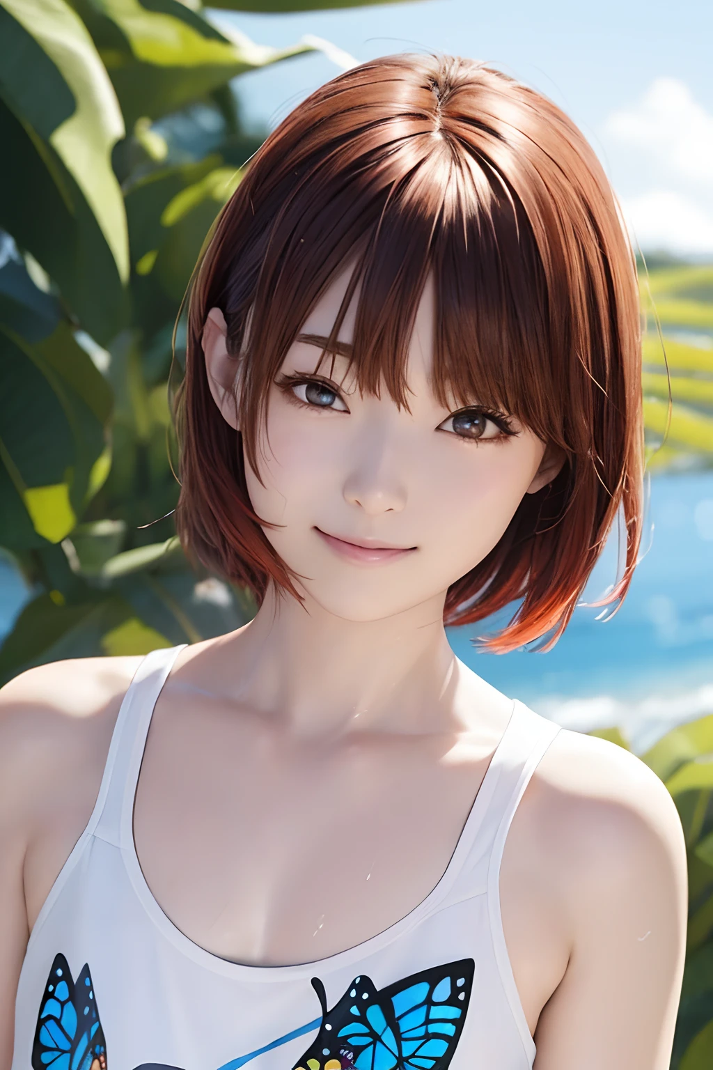 FULL BODYSHOT、an oil painting、masterpiece、top-quality、hight resolution、Red hair、Cheerful woman、A smile、Camouflage pattern tank top、Black hot pants、Sweaty skin、shores、The seaside looks fun、blue-sky、lightly dressed、bobhair、Butterfly tattoo on right chest、Medium hair、Bob Hair、Hair up to the shoulders、A small butterfly tattoo is drawn on the right chest、Kuroko around the eyes