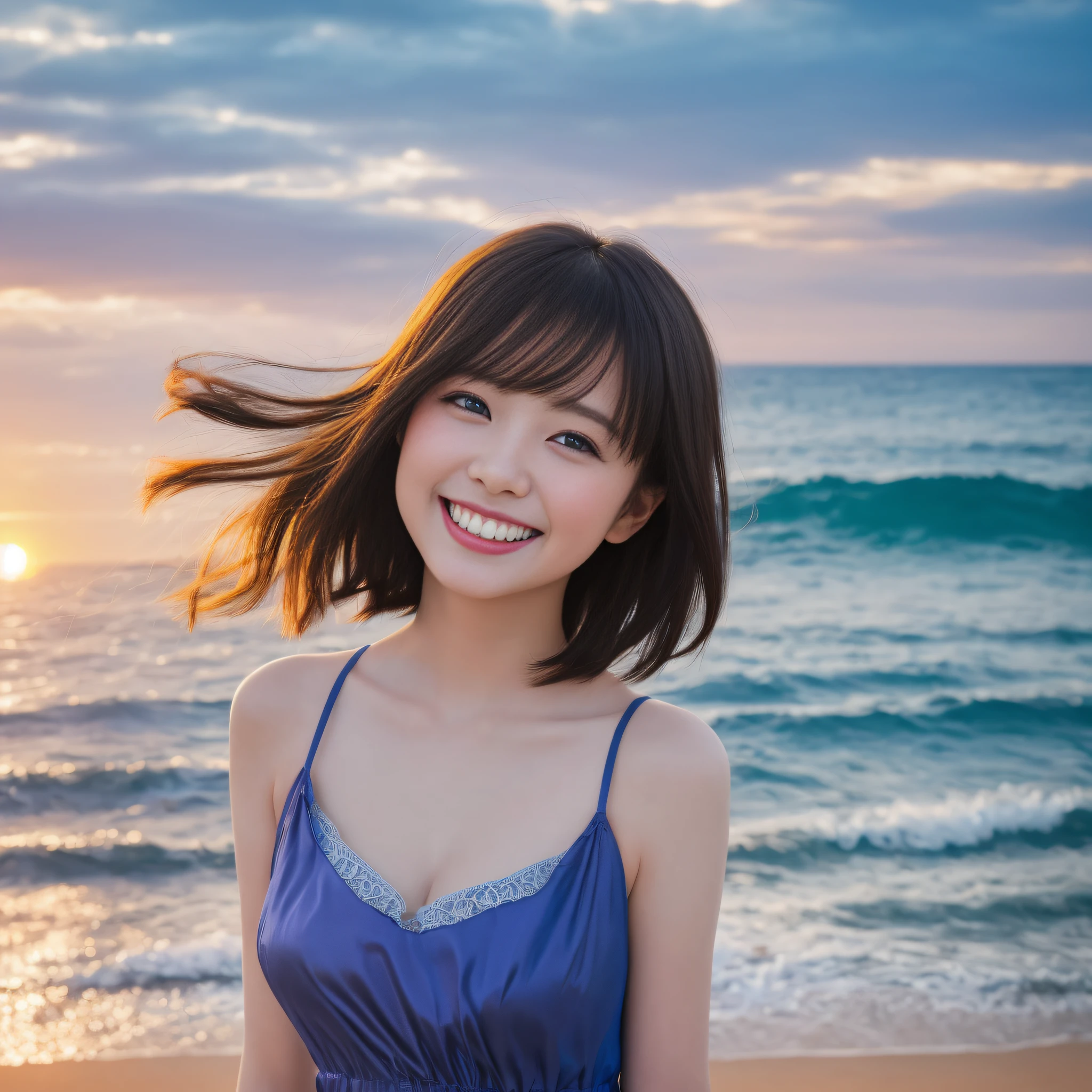 Only one girl、((perfect bodies)))、(​masterpiece)、((top-quality))、(ultra-detailliert)、((extremely delicate and beautiful))、(((Very shallow depth of field)))、nffsw，(((incredibly absurdness)))、((perfect bodies)))、(((A dark-haired)))、(((short cut hair)))、(Okabo hair)、(((Looking at the camera)))、(((busty)))、(((The best smile that makes you happy)))、Camisole dress、mare+Background with、dynamic ungle、female focus on、{Particles of light}、细致Background with、((paul hedley)))、Soft lighting、(Dramatic sunset)、Evening glow、Very beautiful sunset、Live action、realisitic、Angle from above、cute smile face、(the background is blurred)、12year old、being thin、((the wind))、(((movement)))、(((emotional)))、((colourfull))、((a baby face))、((Beautiful teeth)) 、f lare、sea the background of