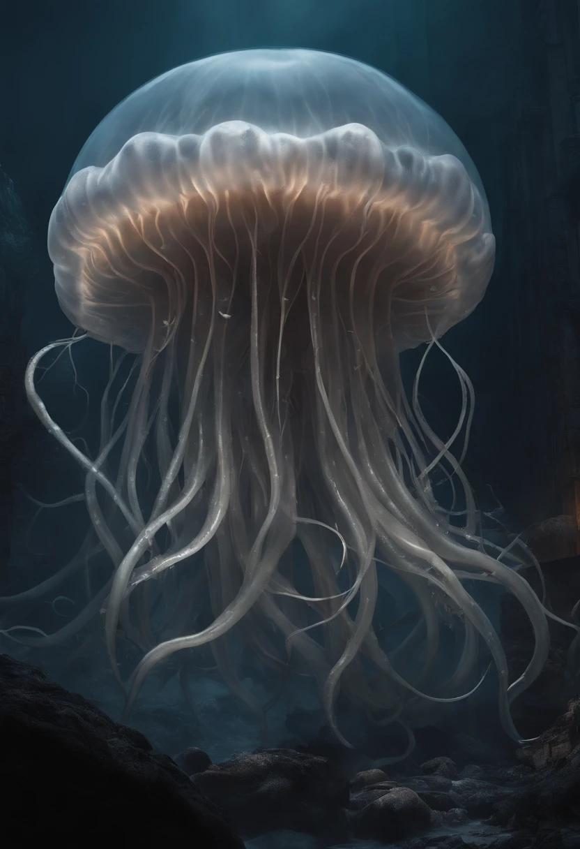 myth Jellyfish-like creatures Many tentacles grow from the head the head is light gray tentacles are black Floating in the air A devastated world Collapsed buildings around Standing there