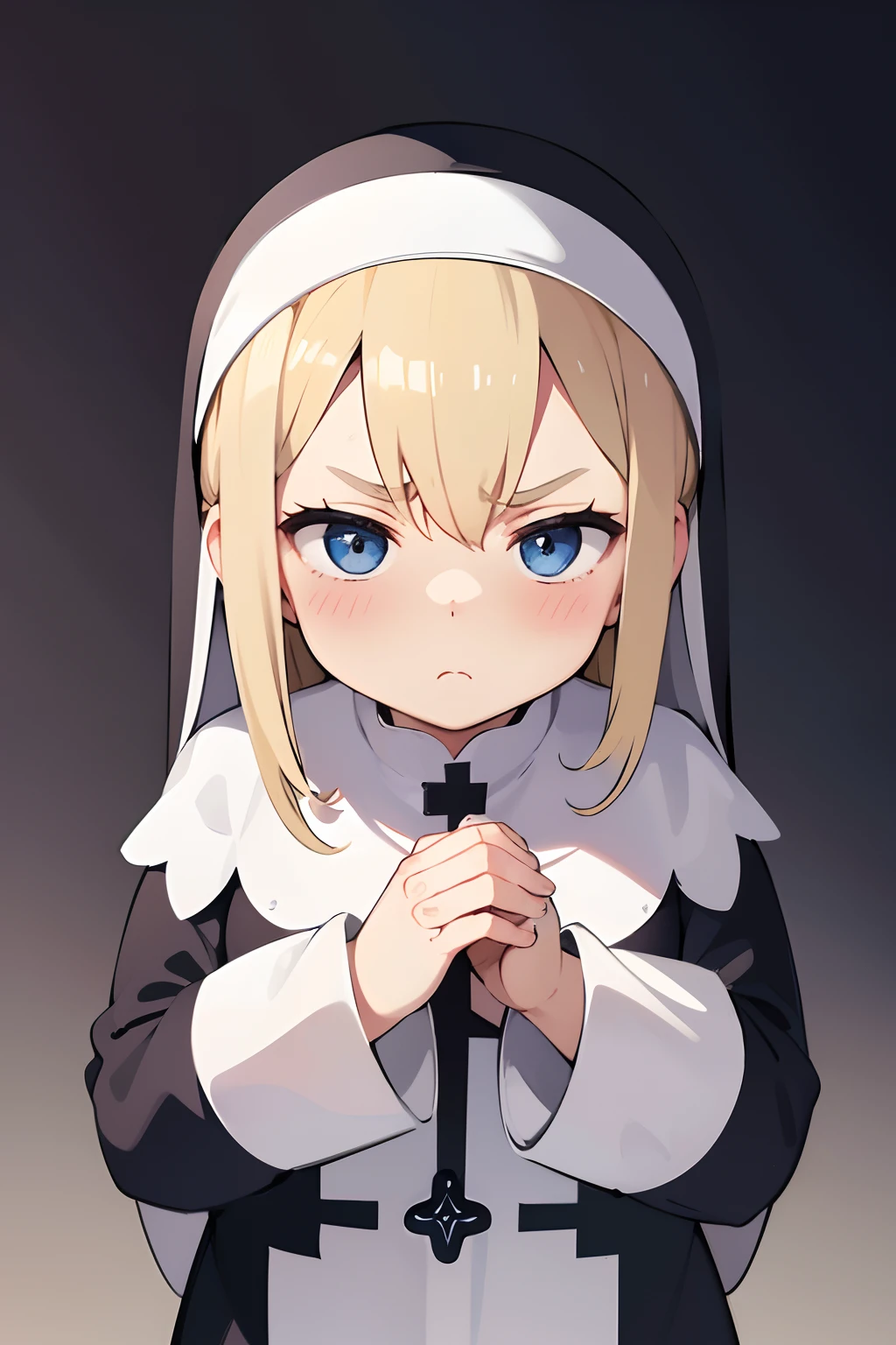 nun with blonde hair blue eyes slightly chubby cheeks and a pouty expression, furrowed eyebrows, frustrated look, slight blush holding a cross in the image and hands clasped together as if praying looking at viewer