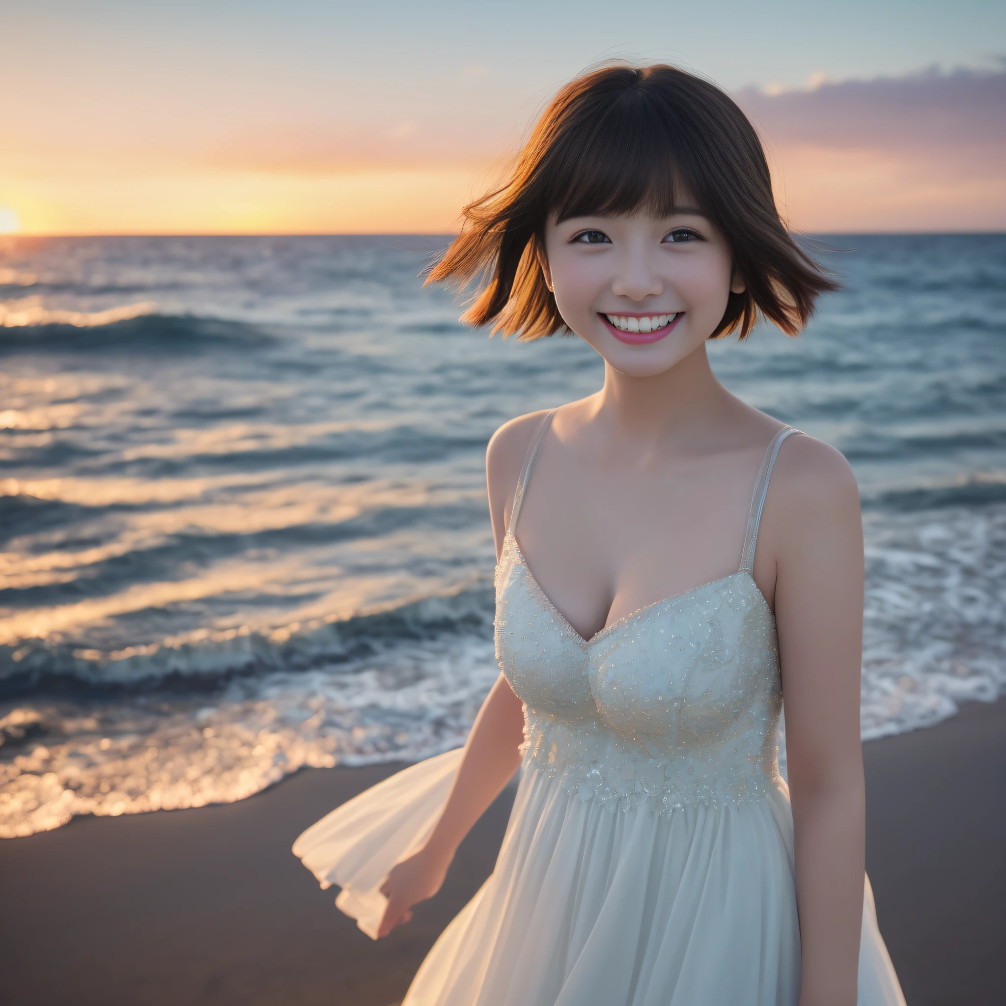 Only one girl、((perfect bodies)))、(​masterpiece)、((top-quality))、(ultra-detailliert)、((extremely delicate and beautiful))、(((Very shallow depth of field)))、nffsw，(((incredibly absurdness)))、((perfect bodies)))、(((A dark-haired)))、(((short cut hair)))、(Okabo hair)、(((Looking at the camera)))、(((busty)))、(((The best smile that makes you happy)))、Camisole dress、mare+Background with、dynamic ungle、female focus on、{Particles of light}、细致Background with、((paul hedley)))、Soft lighting、(Dramatic sunset)、Evening glow、Very beautiful sunset、Live action、realisitic、Angle from above、cute smile face、(the background is blurred)、12year old、being thin、((the wind))、(((movement)))、(((emotional)))、((colourfull))、((a baby face))、((Beautiful teeth)) 、f lare、sea the background of