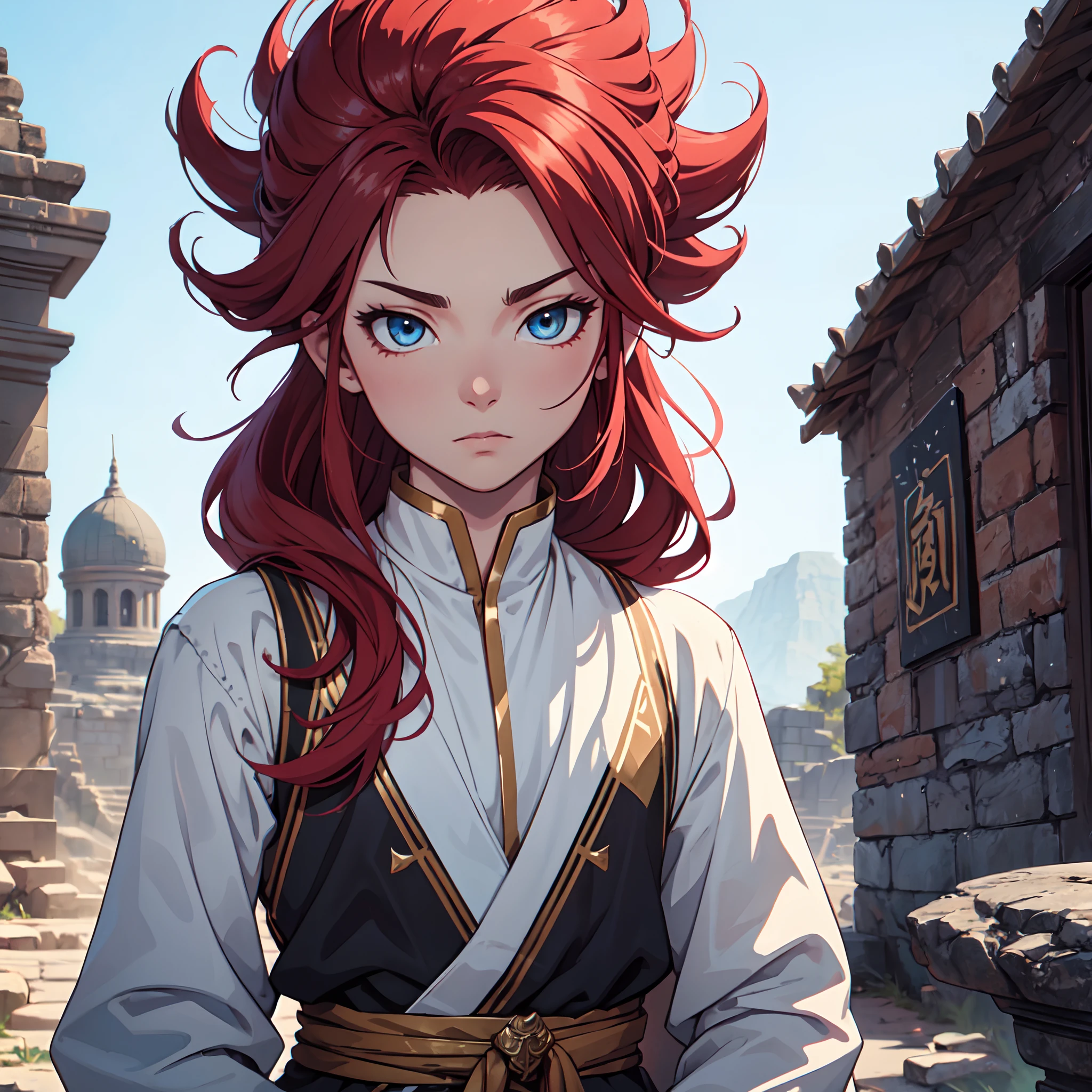 Ultra High Definition, Ultra High Quality, Extremely Detailed, Perfectly Detailed, Masterpiece, 8k, 1 Boy, Look A Like Xin From Kingdom Anime, Handsome, Equipped With Royal Knight Armor, Solid Light Blue Eyes, Long Red Hair, Body Shot, Ancient Kingdom Background
