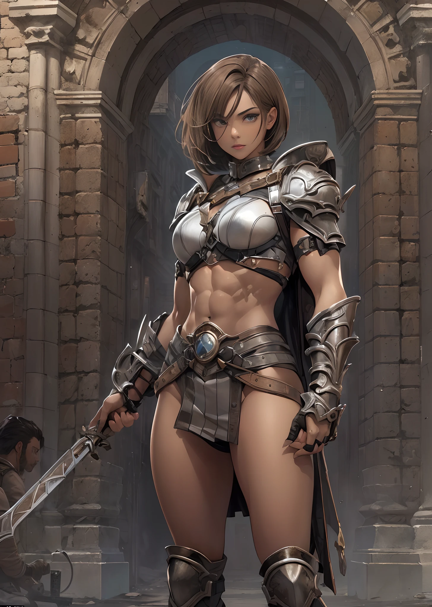 (((of the highest quality: 1.4))),(unparalleled masterpiece ever), (Ultra high definition),(Ultra realistic 8K CG), (((adult body))), (((1girl in))), ((( Bob Shorthair ))), Gladiators with perfect bodies,,Beautiful and well-groomed face,muscular body:1.4,Detailed breastplate, gauntlets、is standing, (Image from head to thigh),(( Light Brown Bob Shorthair )),, Simon Bisley's urban savage style,Detailed ancient Roman background,Clean abs, Complex equipment, Dark brown with white stars and gray and white stripes,,,s Armor, Poison tattoo