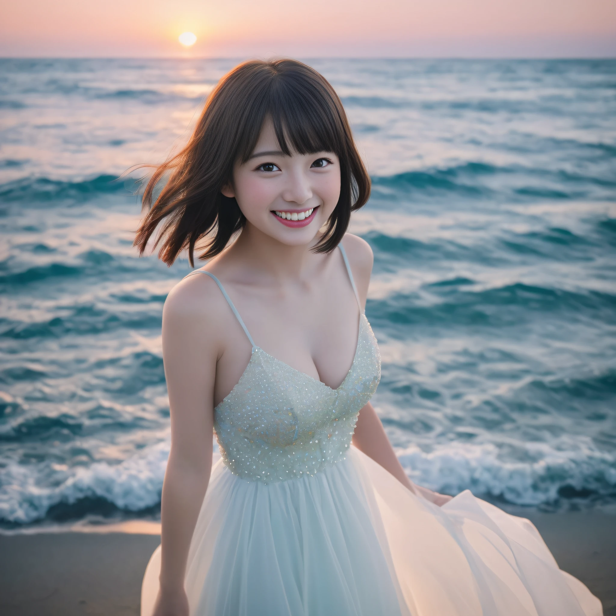 Only one girl、((perfect bodies)))、(masterpiece)、((top-quality))、(ultra-detailliert)、((extremely delicate and beautiful))、(((Very shallow depth of field)))、nffsw,(((incredibly absurdness)))、((perfect bodies)))、(((A dark-haired)))、(((short cut hair)))、(Okabo hair)、(((Looking at the camera)))、(((busty)))、(((The best smile that makes you happy)))、Camisole dress、mare+Background with、dynamic ungle、female focus on、{Particles of light}、细致Background with、((paul hedley)))、Soft lighting、(Dramatic sunset)、Evening glow、Very beautiful sunset、Live action、realisitic、Angle from above、cute smile face、(the background is blurred)、ar old、being thin、((the wind))、(((movement)))、(((emotional)))、((colourfull))、((a baby(Beautiful teeth)) 、f lare、sea the background of