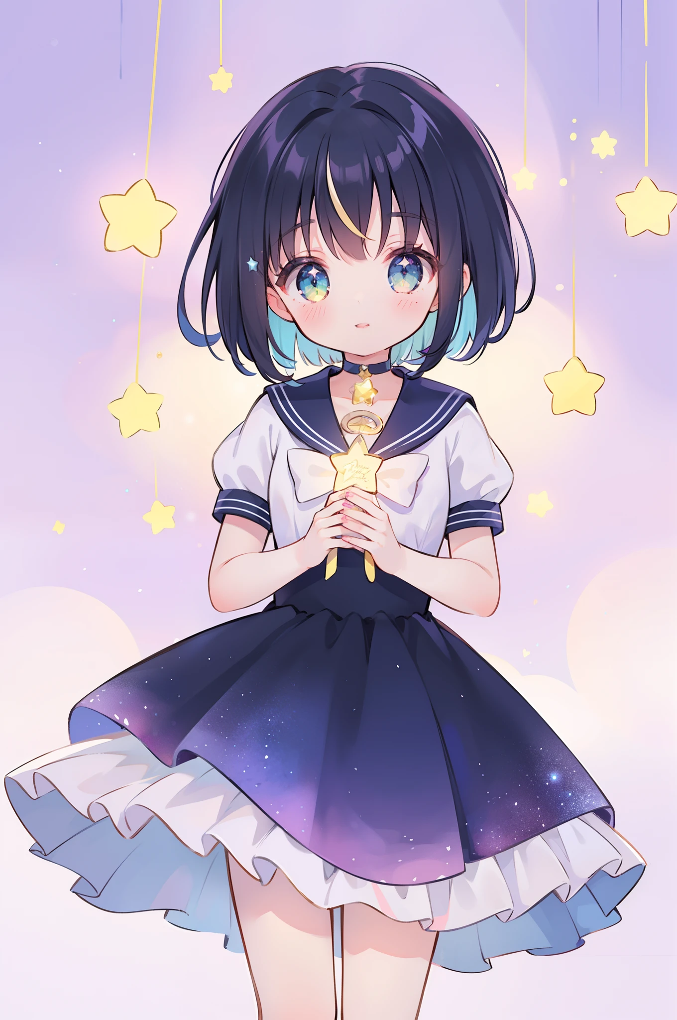 masterpiece, best quality, 1girl, ((magical girl holding a glowing star)), detailed ((colorful)) layered magical girl dress costume, pretty cure, star guardian, Cardcaptor sakura, puella magi madoka magica, sailor moon, colorful gems, crystals, sparkling, ((bright colors)), multicolor palette