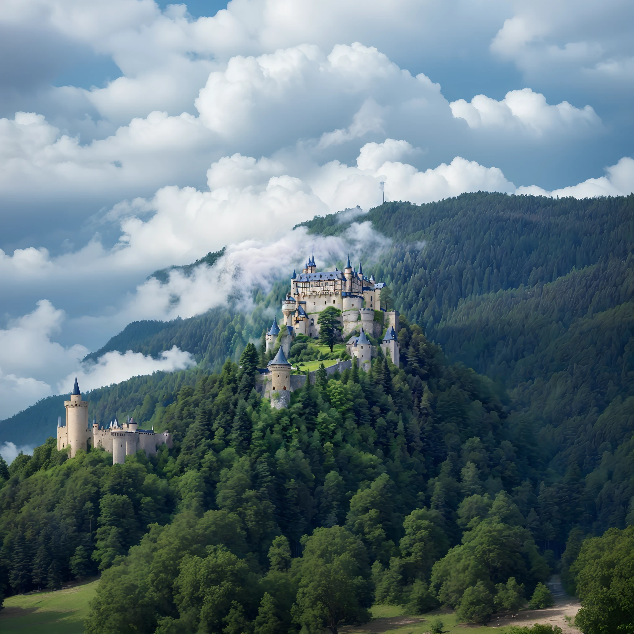 Alafard Castle is on the hill,Trees and clouds in the background, Beautiful castle, fairytale-like, Castle, epic castle with tall spires, inspiring, a medieval castle, borgar, flying cloud castle, Misty Castle, high fantasy castle, huge castle, magical castle school on a hill, fairy tale place, Magical castle, Castle on the hill, author:Emmanuel Boucher