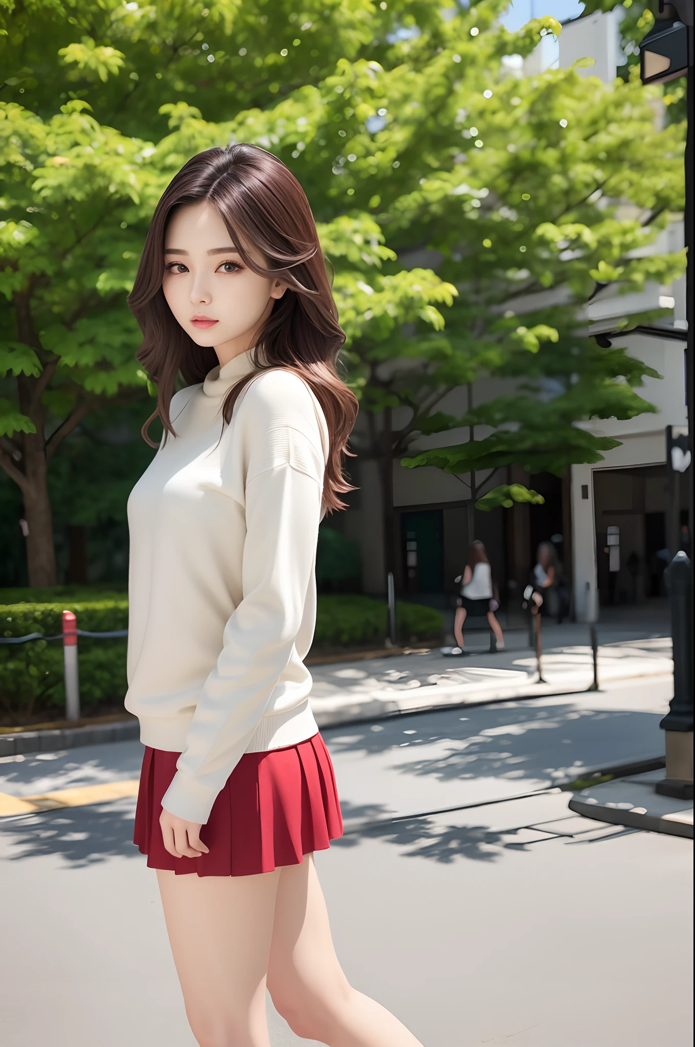 In front of a large tree、arms behind back 、 a picture、realisitic、Beautuful Women、jaket、blouse、tight skirts、high-heels、A detailed face、Detailed lips、A detailed eye、luslous skin、One Person、red lipsticks