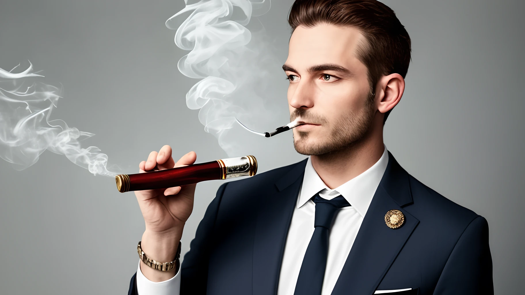 Man in suit smoking a pipe and holding a wine glass in his hand