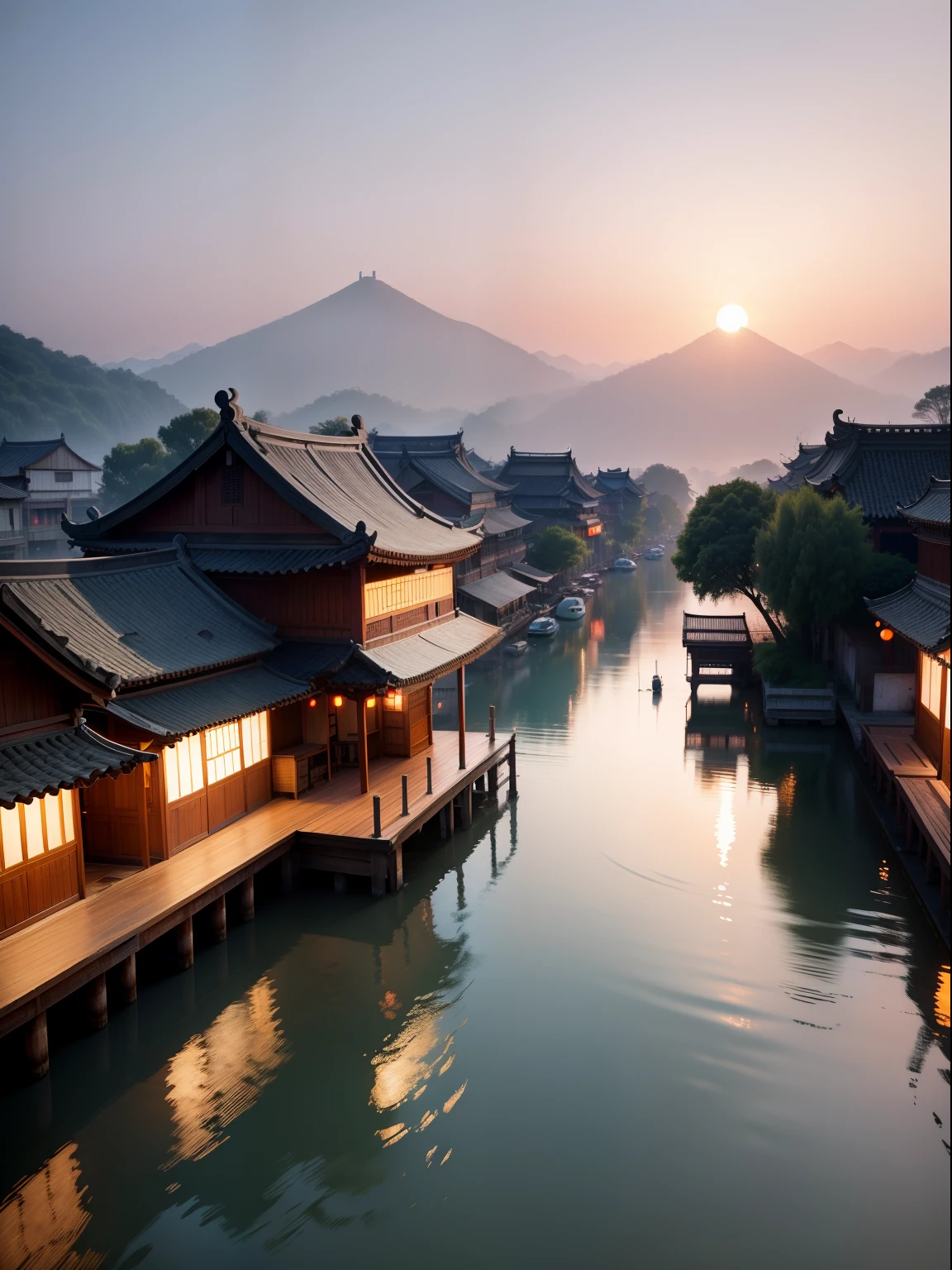 Jiangnan water town, sunset sunset scenery, real photography, super high definition, as long as a small pavilion, not more, 8k, the distance is the mountain, the near is the river, super wide angle, close view, v1, full, the highest image quality --ar 9:16 --v 5.2