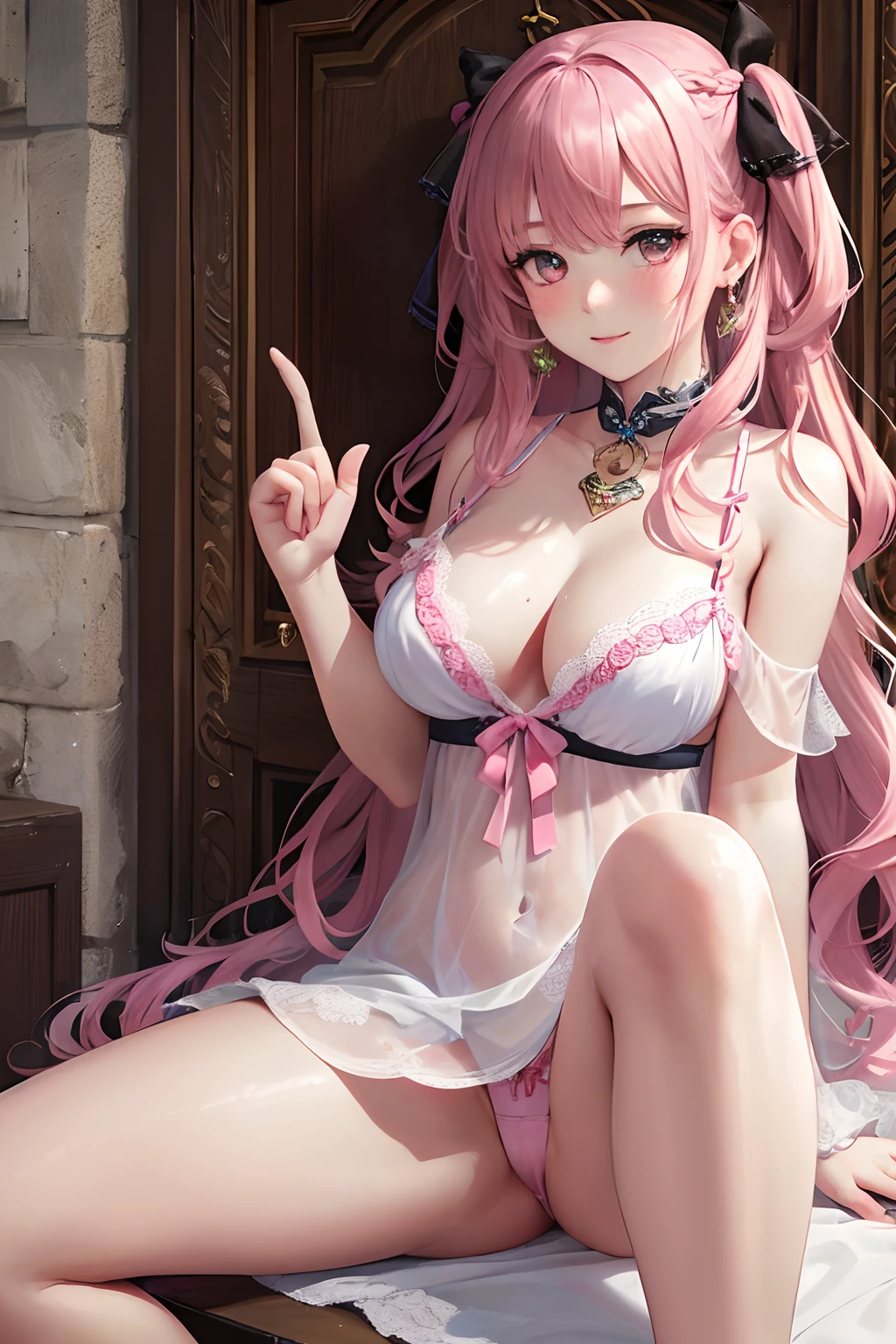 Best quality,Masterpiece,超高分辨率,8K resolution,8K wallpaper, (((High quality finger shape))),1girll, Braid, one side up, Solo, cleavage, See-through, Lingerie, thongs, Large breasts, Long hair, 鎖骨, bangs, bow panties, dress, frilld,((Pink doll)),(Random dolls),(She was in heat),(The face is in heat like estrus),jewelry, anklet,Earrings,Blush,Sweat,hostel,Adult women