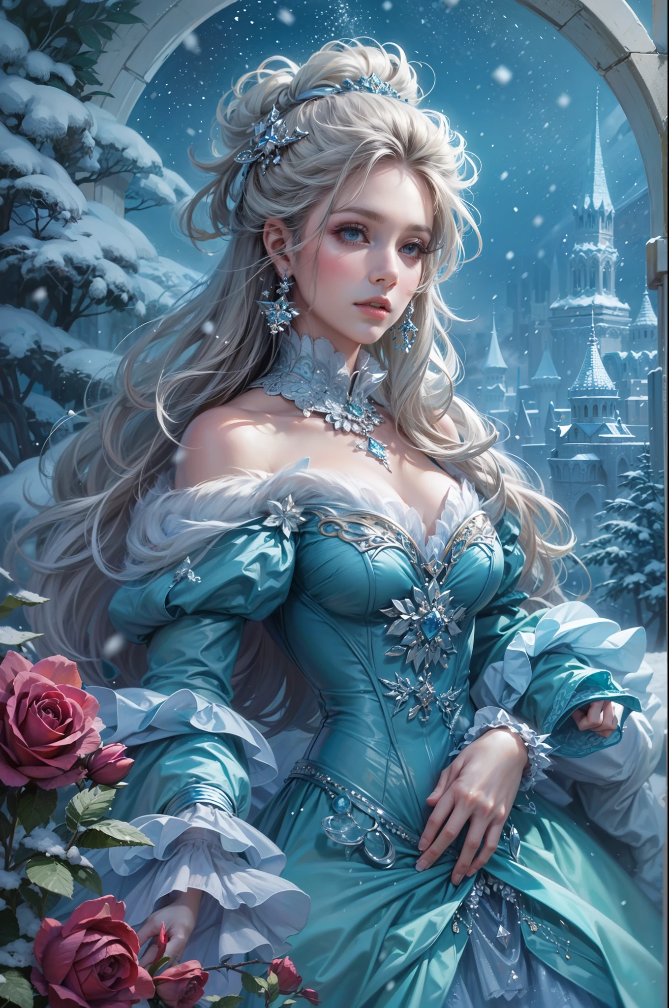 a proud woman, detailed face,puffy lip, realistic skin texture, dressed in the folds of a dazzling (French silk ball gown,ruffles, tracks, and bows, Hand-embroidered bodice. ), realistic, (((fantasy))), Artwork, frozen rose garden, enchanted ice castle, winter, (many shades of cool blue colors), (snowing:1.3), Art of Artgerm and Ruan Jia , HDR, , and interesting background