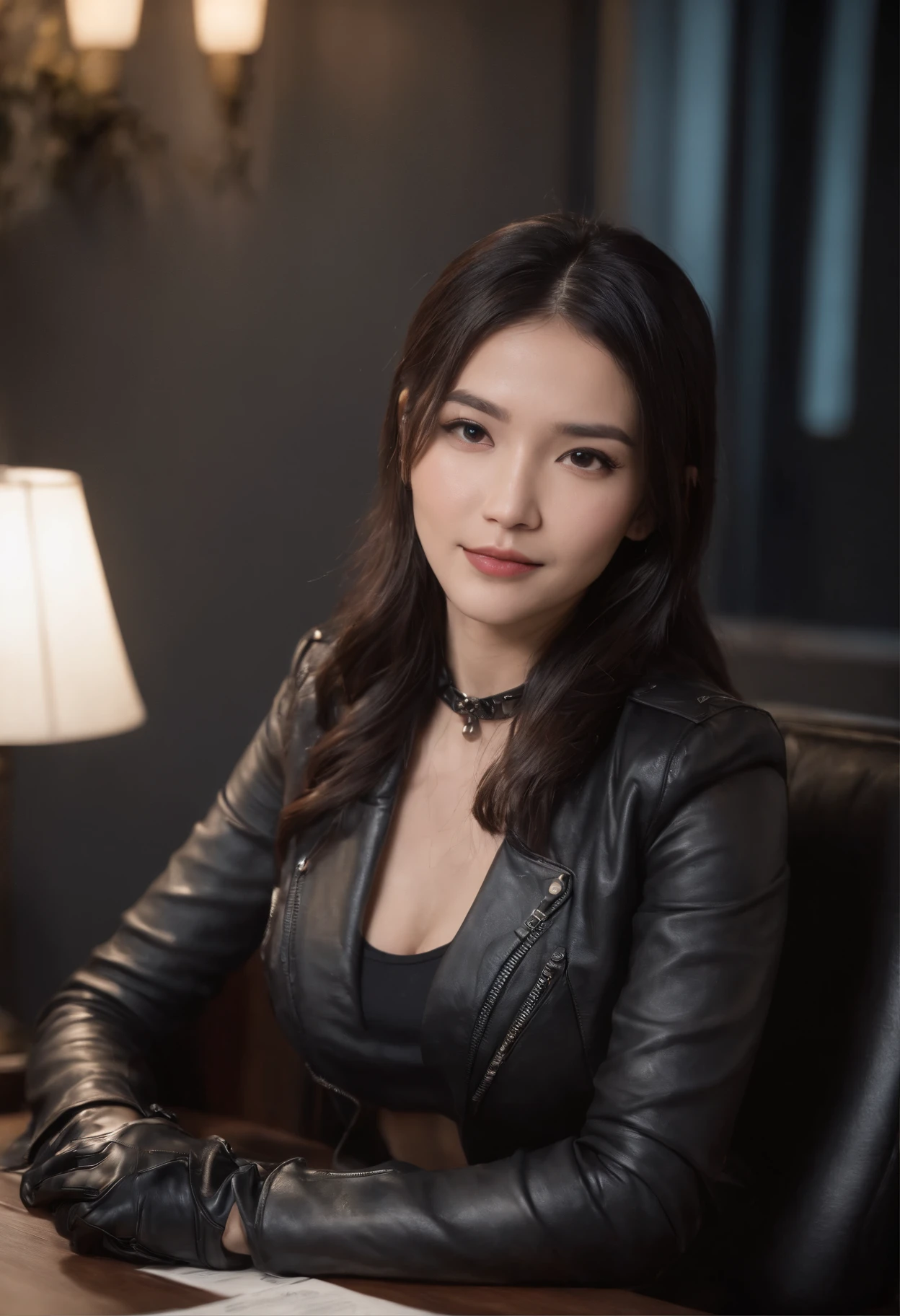 Wearing black leather gloves in both hands Upper body Black leather riders jacket Necklace on the chest Facing the desk in the modern study in the dark, looking down and smiling, long straight black hair Young Japanese woman (black leather gloves covering both hands) Sitting on a chair with the fingers of black leather gloves and working on the computer