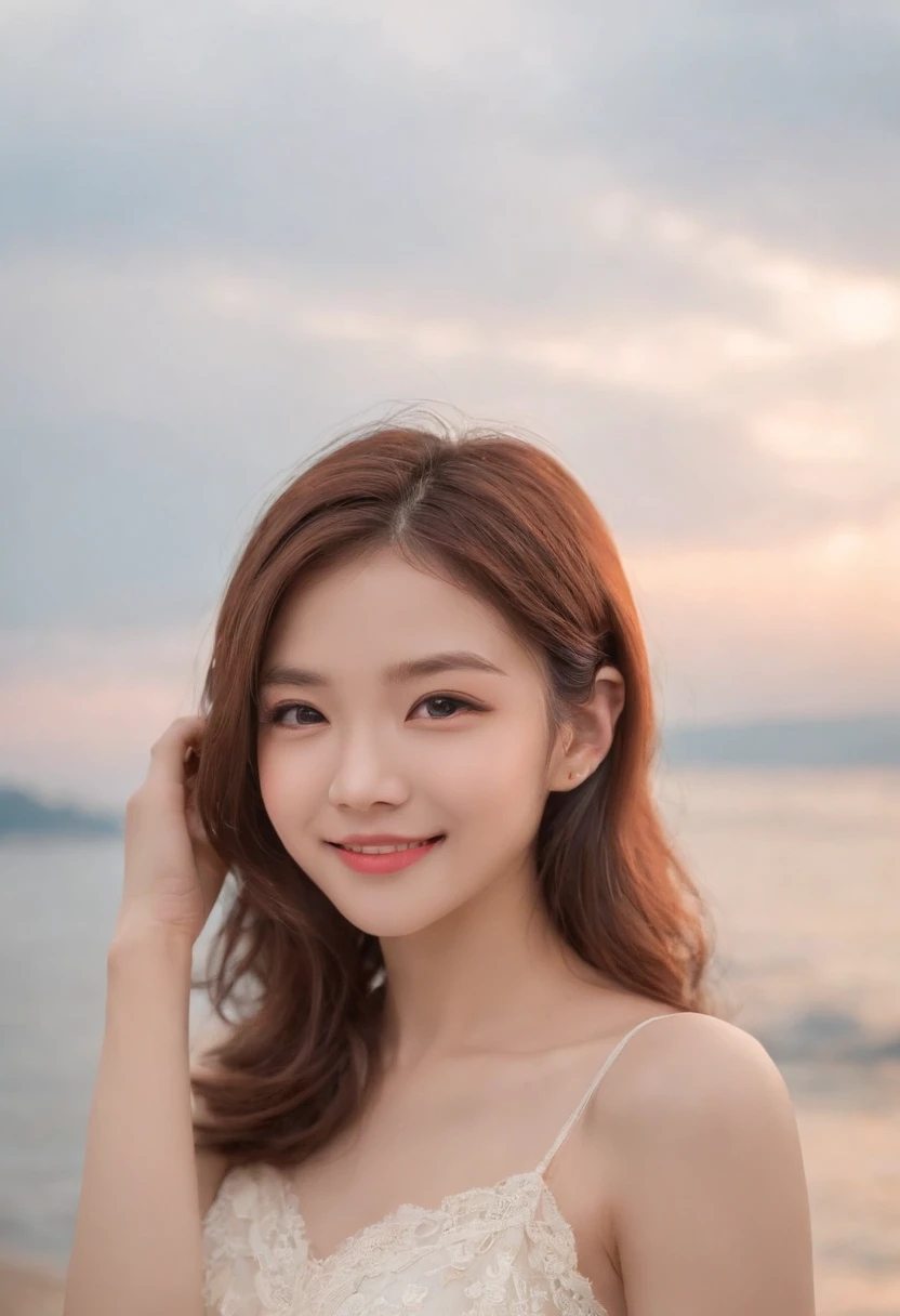only one girl、((perfect bodies)))、(tmasterpiece)、((top-quality))、(ultra - detailed)、((Extremely Delicately Beautiful))、(((very shallow depth of field)))、NFFSW，(((unbelievable Ridiculous)))、((perfect bodies)))、(((brunette color hair)))、(((short detailed hair)))、(Okabo Hair)、(((Looking at the camera)))、(((small tits)))、(((The best smile that makes you happy)))、String Camisole Dress、Mare+Background with、dynamic ungle、female focus on、{Particles of Light}、Meticulous background、Soft lighting、Evening glow、Very beautiful sunsets、Live action、hentail realism、From the angle from below、cute smiling face、(The background is blurred)、((ventania))、(((sport)))、(((Emotional)))、((Extremely colorful))、((a baby face))、((Beautiful teeth)) 、background of the sea